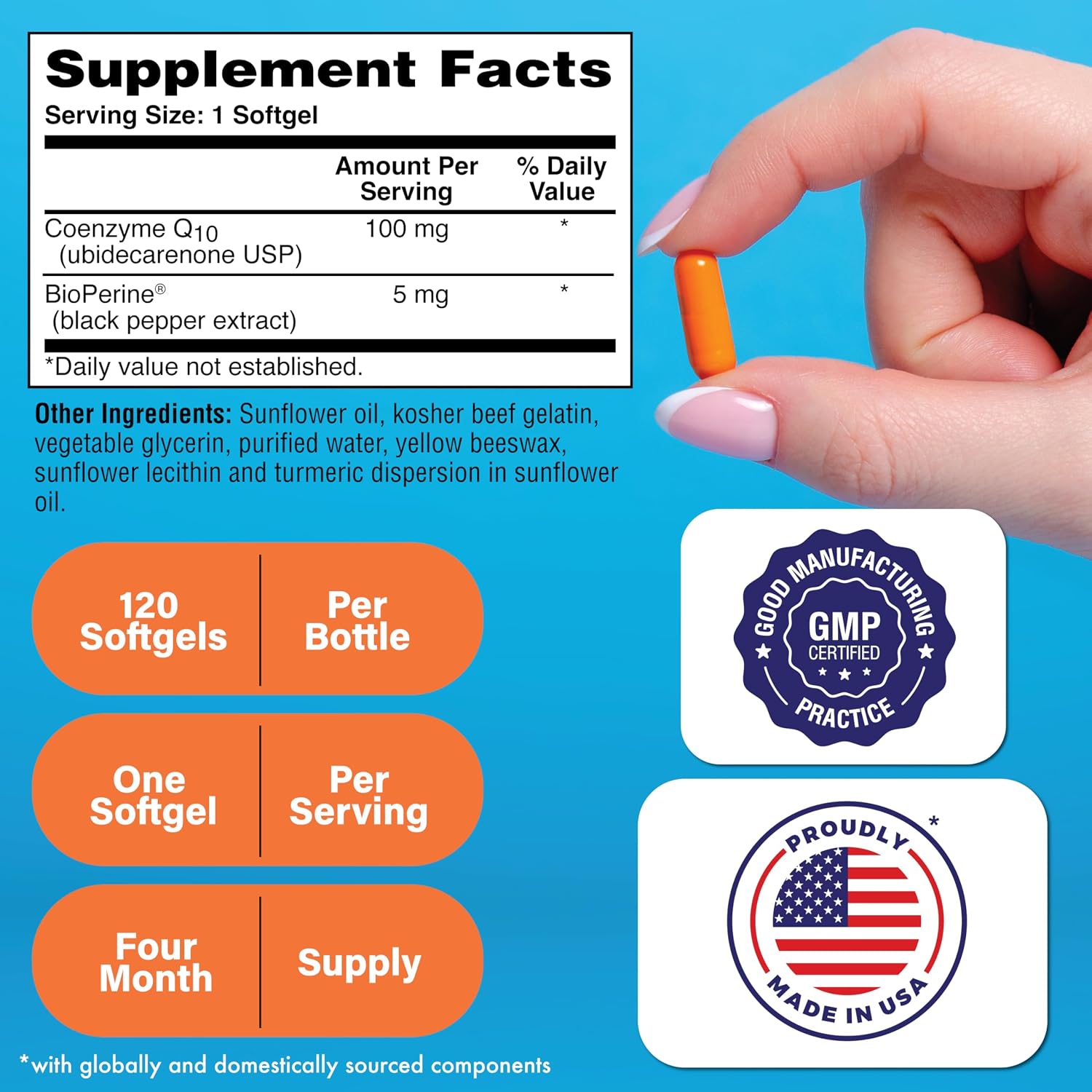 Health Thru Nutrition CoQ-10 100mg with BioPerine 120 Softgels | High Absorption Naturally Fermented USP Grade Coenzyme Q10 Supplement | 3rd Party Tested | Heart Health and Energy Support | High Absorption Naturally Fermented USP Grade Coenzyme Q10 Suppl…