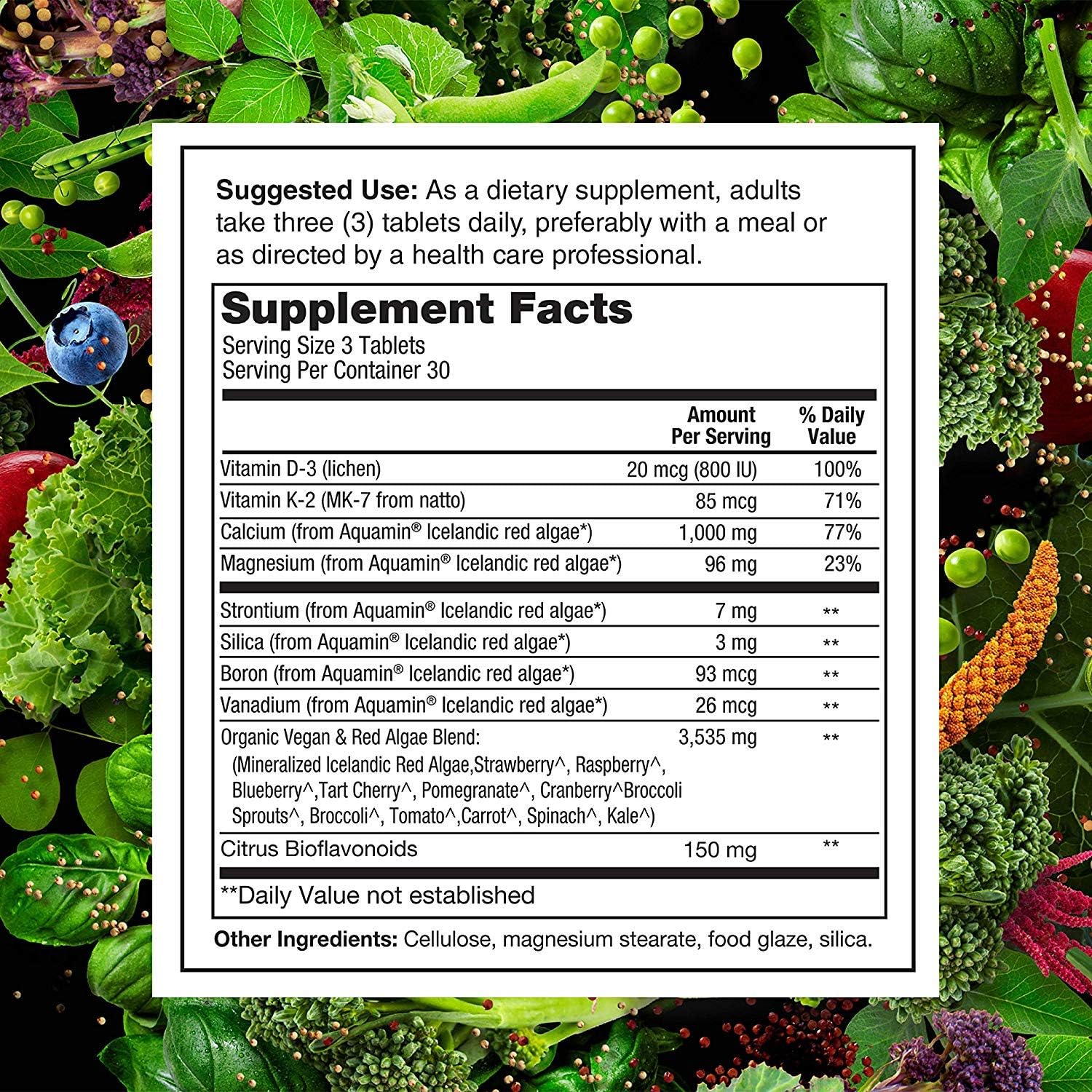 PlantFusion Vegan Calcium, Premium Plant Based Calcium (1000mg) Sourced from Icelandic Red Algae, Plus Magnesium, D3, K2, and Boron, 90 Vegan Tablets