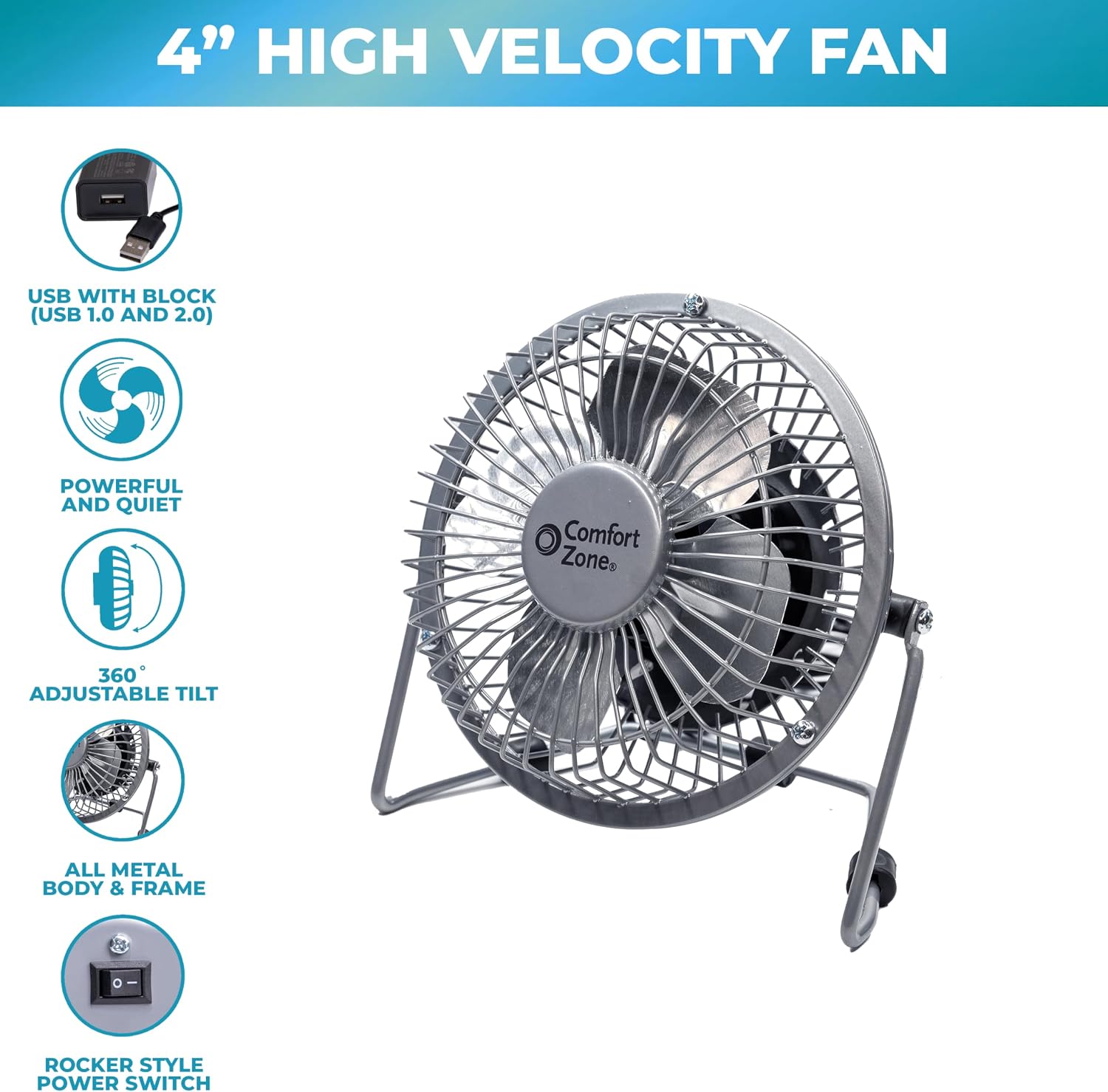 Comfort Zone 4-inch All-Metal Mini Desk Fan – High Velocity Portable USB Fan with 120V Wall Adapter