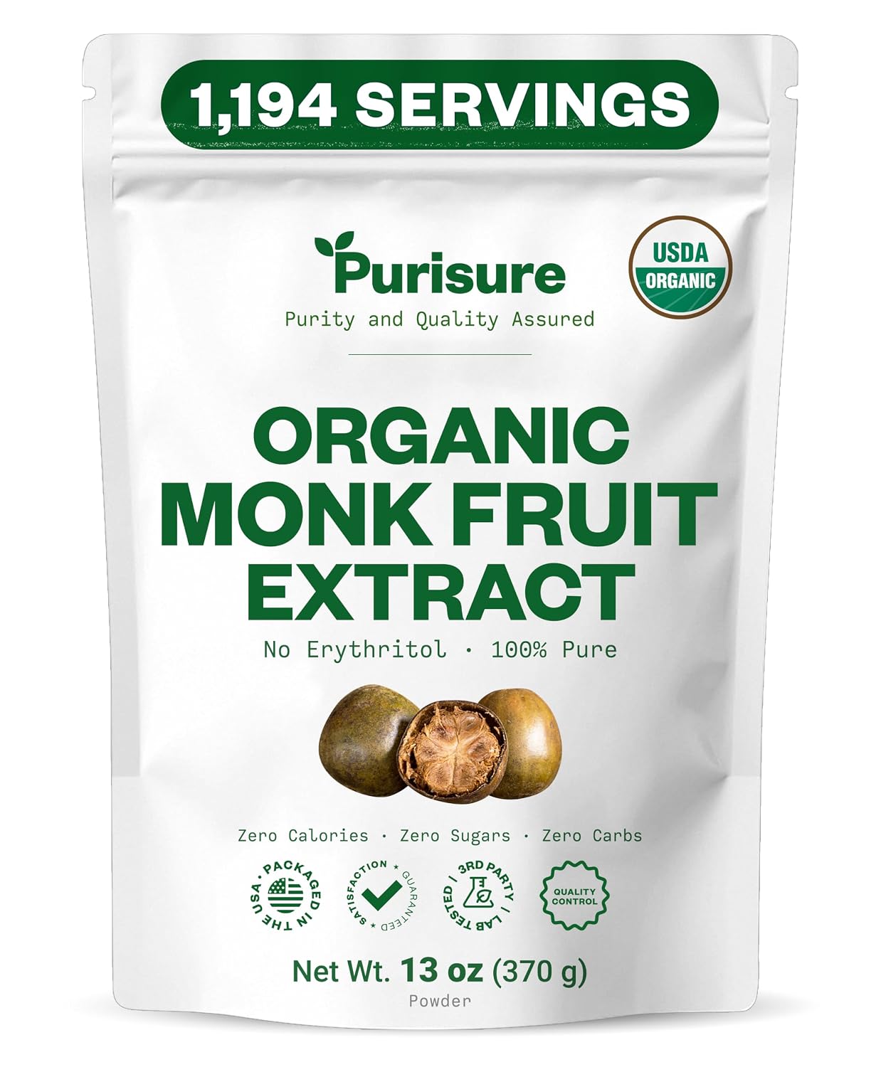 Organic Monk Fruit Extract Powder, 125g (4.4oz), No Fillers Pure USDA Organic Monk Fruit Extract Sweetener with No Aftertaste, Non-GMO, Zero Calorie & Zero Carbs, Keto & Paleo Friendly 403 Servings