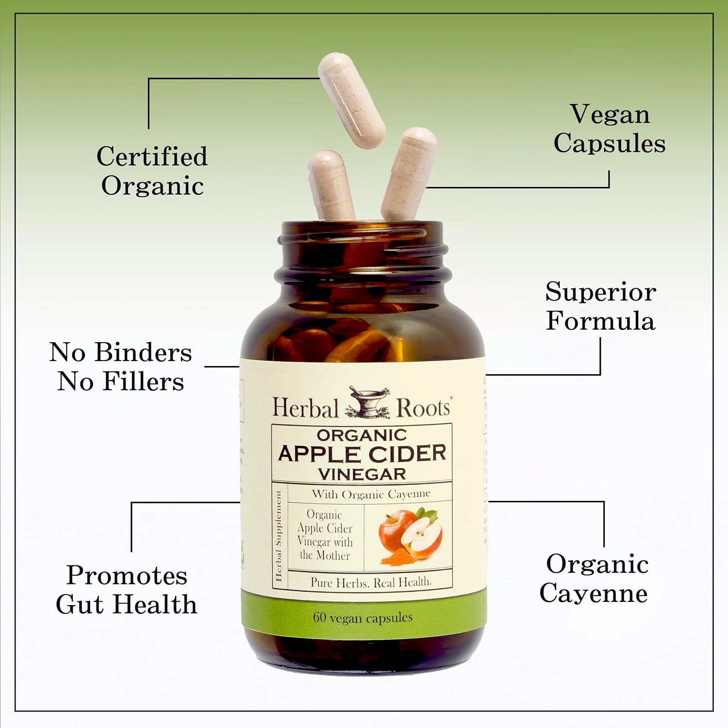Herbal Roots Organic Apple Cider Vinegar Capsules with Mother - Pure Extra Strength - 60 Vegan Capsules