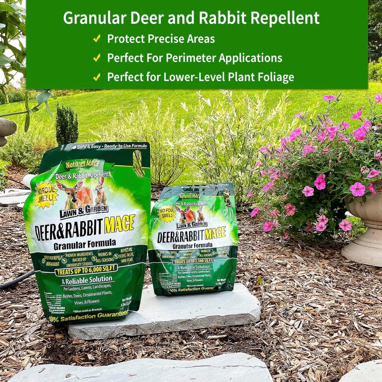 Nature's MACE Deer & Rabbit Repellent 25 lb Granules | Covers 25,000 Sq Ft, Repel Deer from Your Home & Garden, Deterrent, Safe to use Around Children, Plants, Produce.