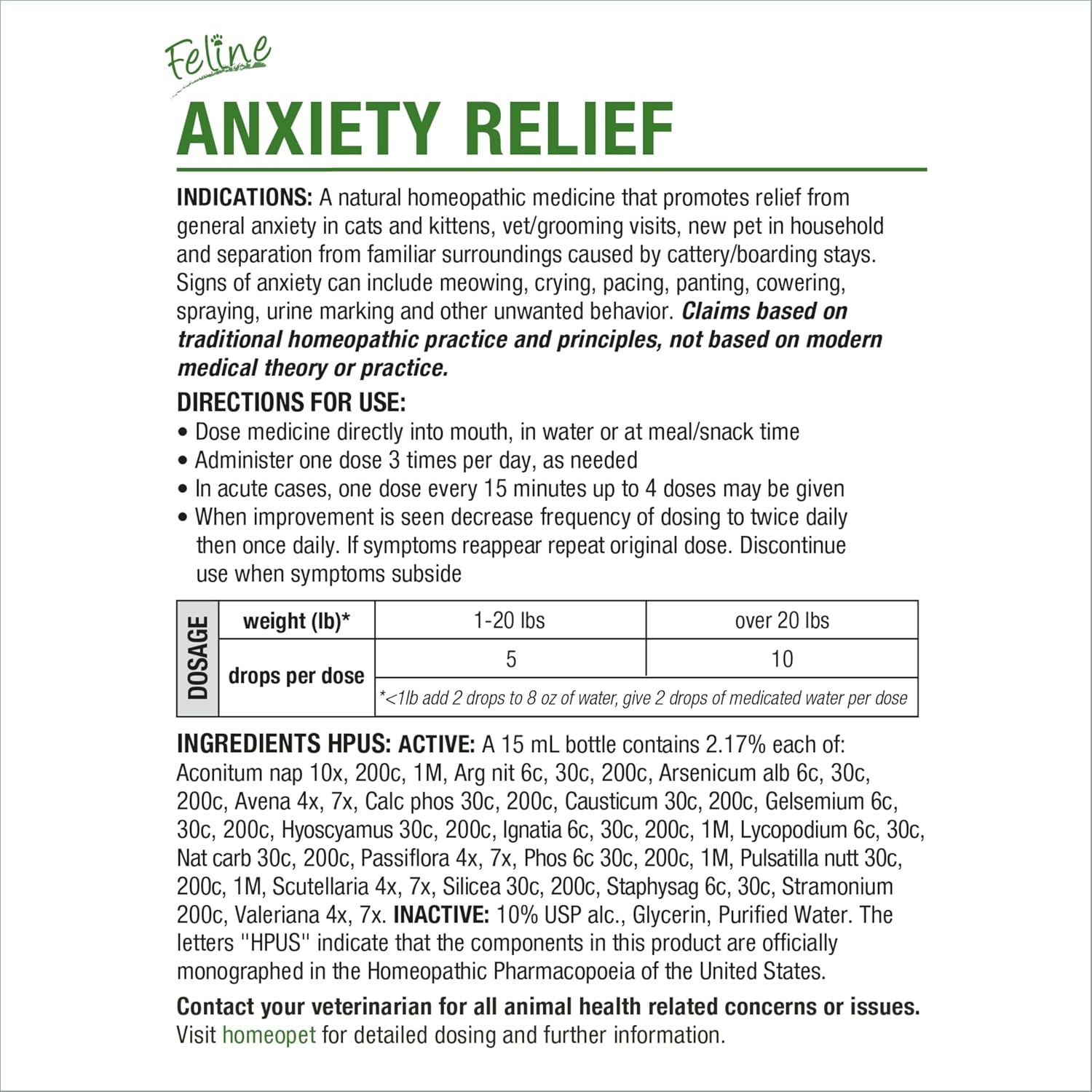 HomeoPet Feline Anxiety Relief, Supplement for Cats, 15 Milliliters | Natural pet stress and anxiety support for cats