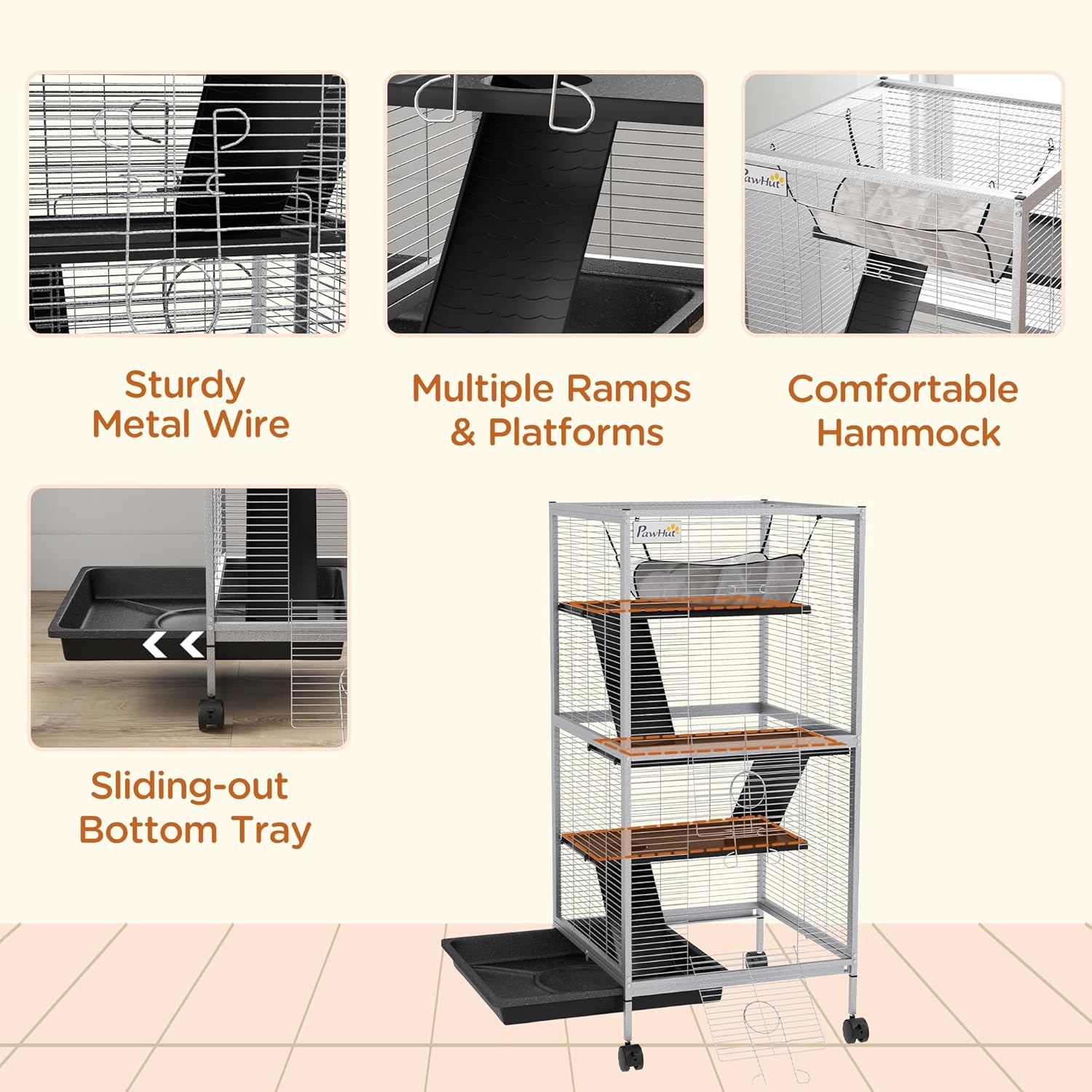 PawHut Metal Small Animal Cage, 4-Tiers Rolling Big Ferret Cage, Gray
