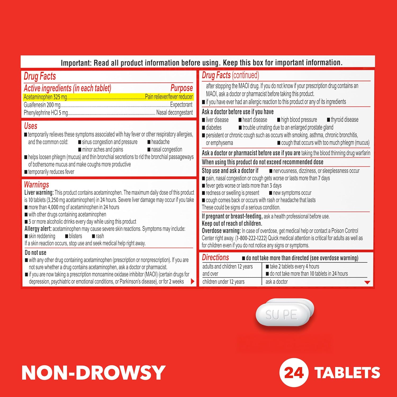 Sudafed PE Head Congestion + Mucus Relief Tablets, Non-Drowsy, 24 Ct | For Sinus Pressure, Congestion & Headache, Decongestant with Acetaminophen