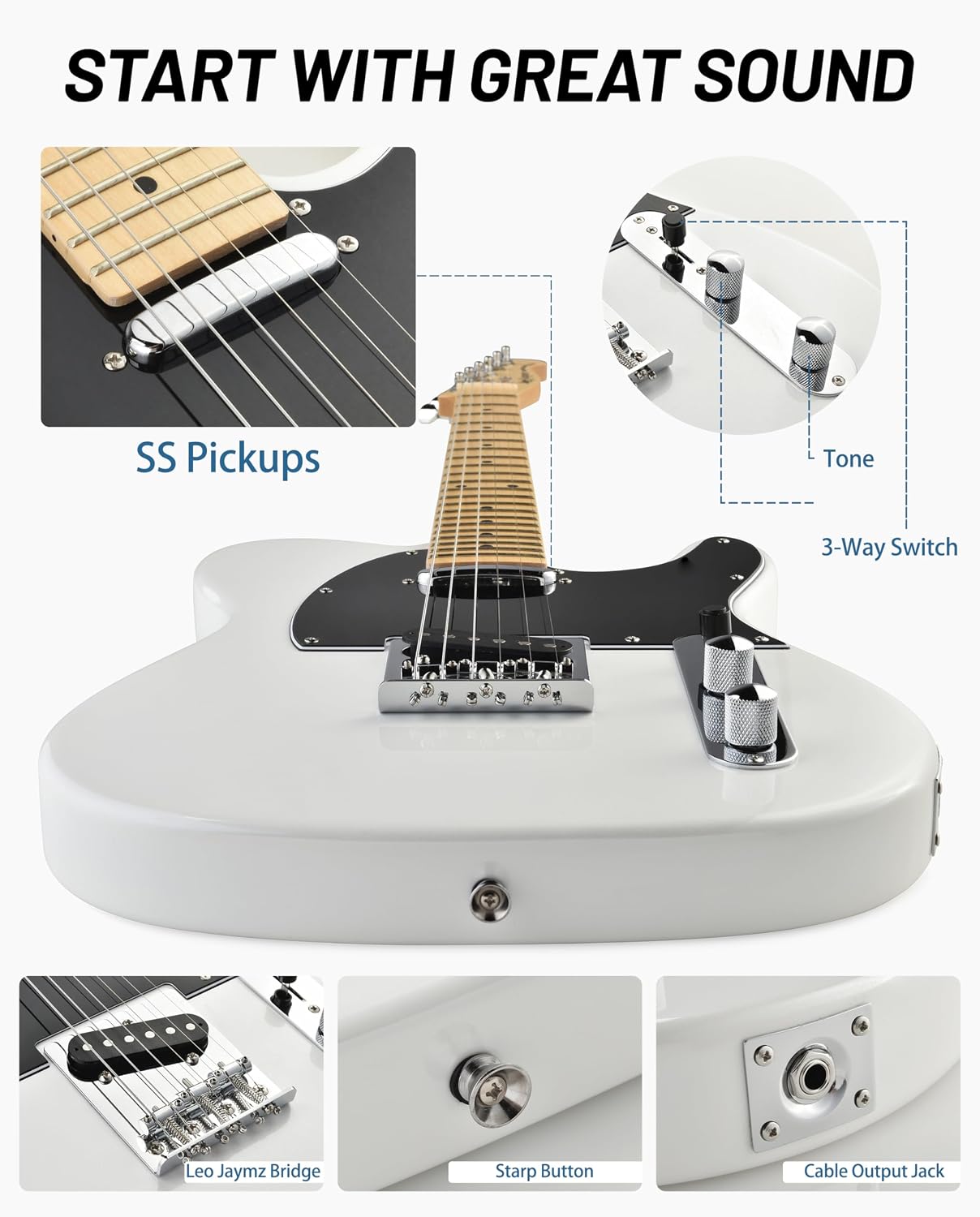 Leo Jaymz Beginner Electric Guitar Complete Kit with Portable Amp, Padded Gig Bag & Full Accessories, Maple Neck (TL-White)