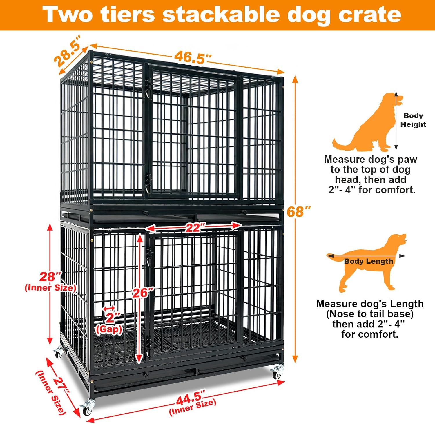 Homey Pet Taller 43" Heavy Duty Double Dog Crates with Divider & Dual Door | Drop Cage for Dogs with Lockable Wheels, Bowls, Removable Tray, Top Access, Ideal for Small to Medium & Large Dogs, Breeders
