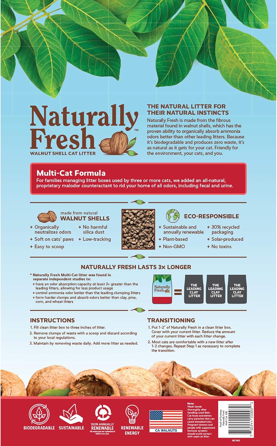Naturally Fresh Cat Litter Made From Walnut Shells, Unscented, Multi-Cat, Upcycled, Low Dust, Sustainable, 26 Lbs
