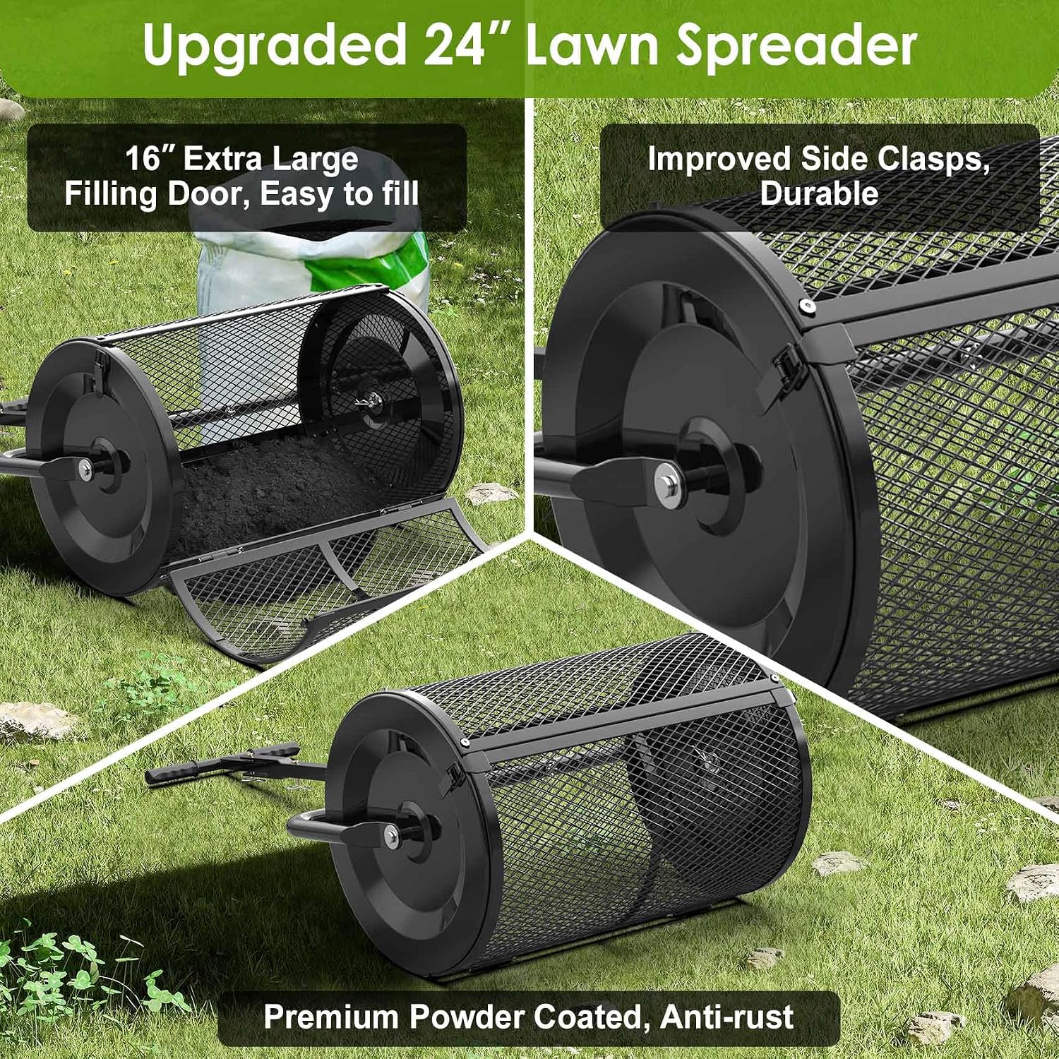 Seeutek Compost Spreader, 24" Peat Moss Spreader with 3 Heights | Push or Tow Top Soil Spreader W/Upgraded Side Latches Support Rod Powder Coated Metal Mesh Top Dressing Spreader for Lawn
