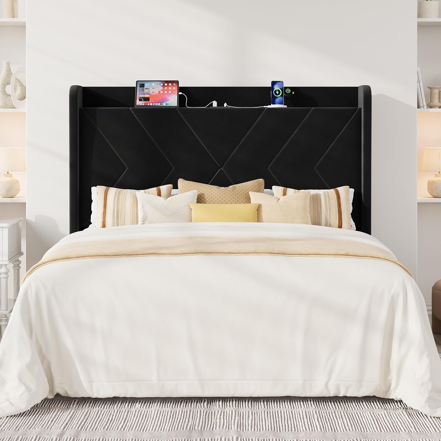 Allewie Full Size Platform Bed Frame with Charging Station and Storage Shelf/Upholstered Velvet Wingback Headboard/Wooden Slats Support/No Box Spring Needed/Easy Assembly, White