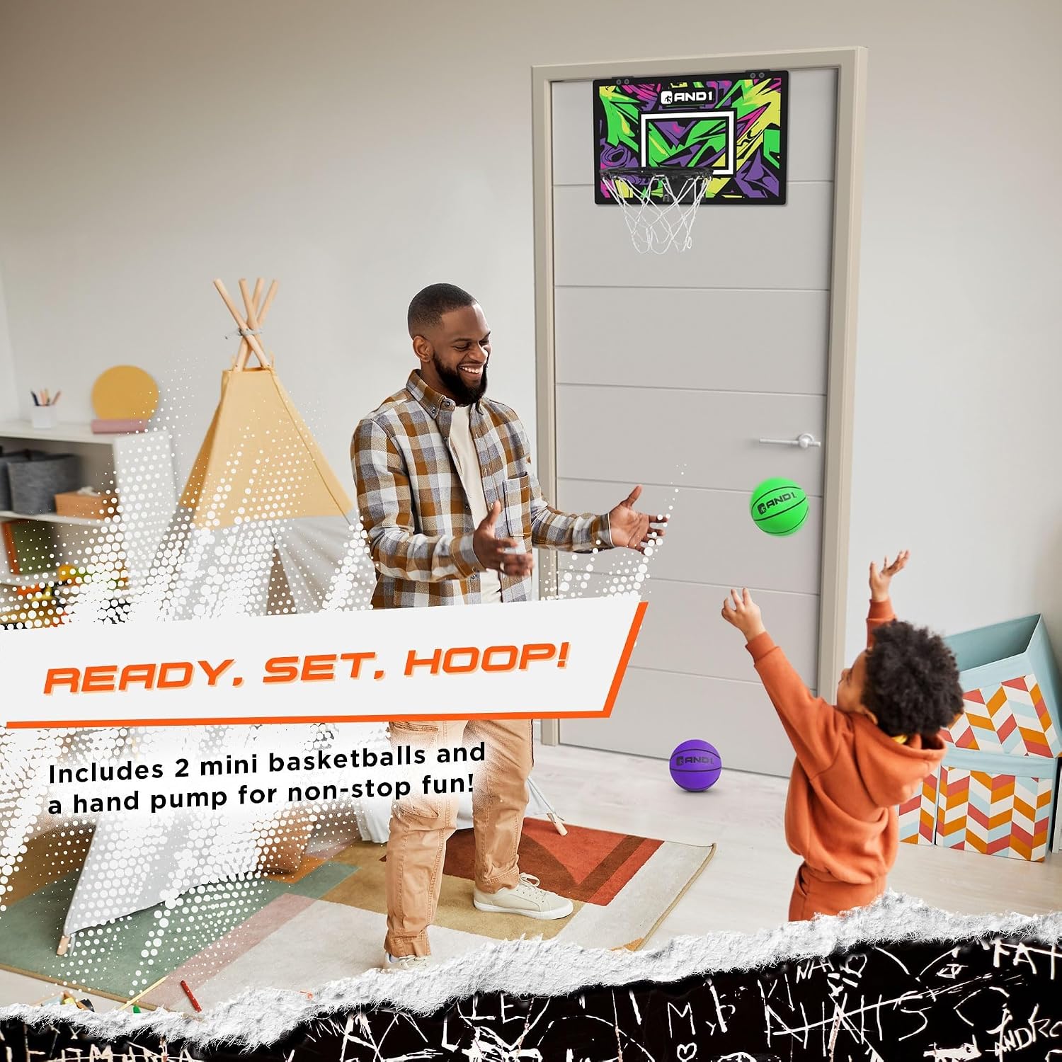 AND1 Over the Door Mini Basketball Hoop: 18x12 Shatterproof Backboard, 2 Mini Basketballs