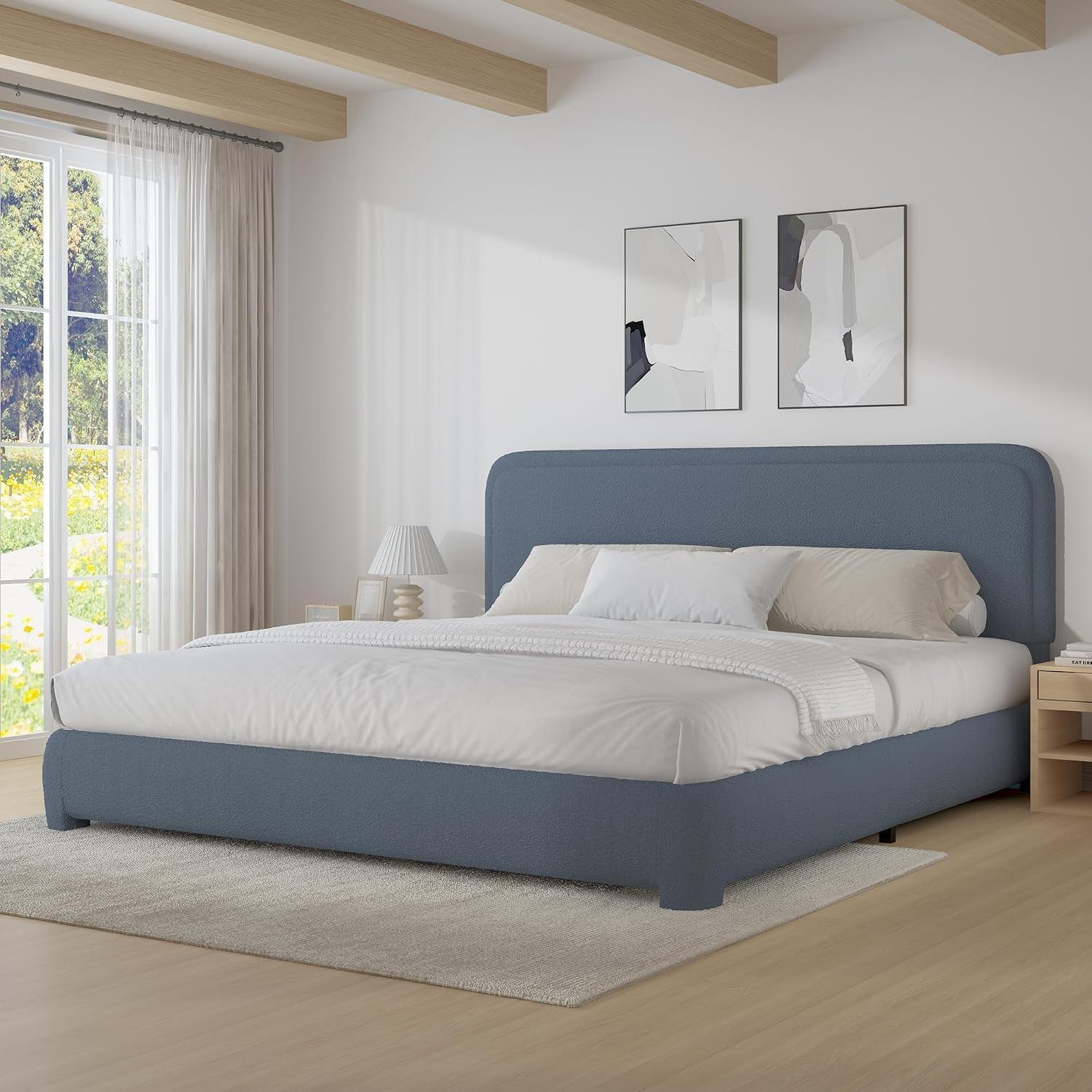 BarnFurin Full Bed Frame, Cloud Boucle Headboard, Rounded Corners, White | Soft boucle and rounded edges create a low-profile cloud look. Wooden slats support the mattress without a box spring