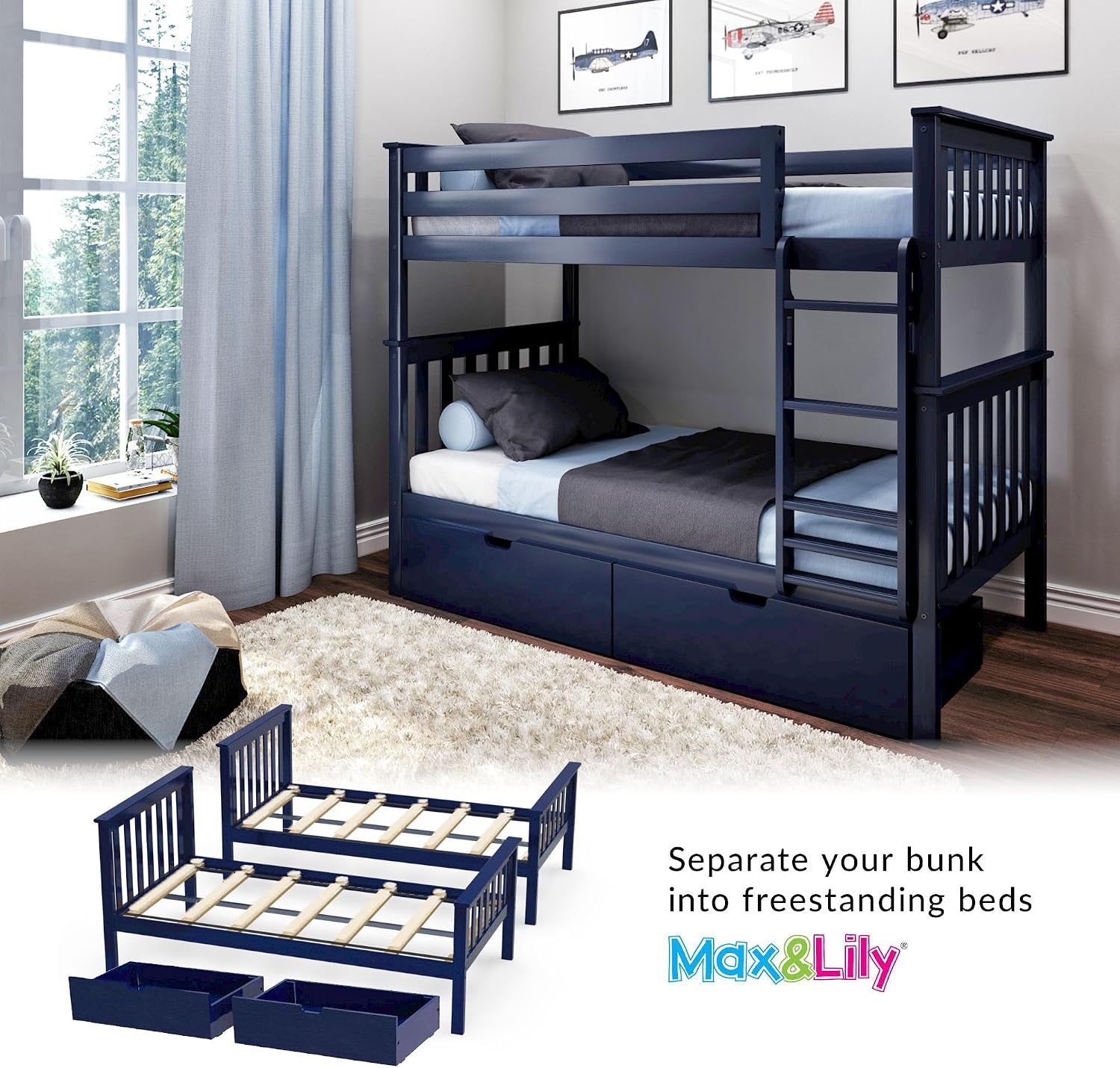 Max & Lily Bunk Bed Twin over Twin, Solid Wood Bunk Bed Frame with Ladder for Kids, 14" Safety Guardrails, Easy Assembly, No Box Spring Needed, White