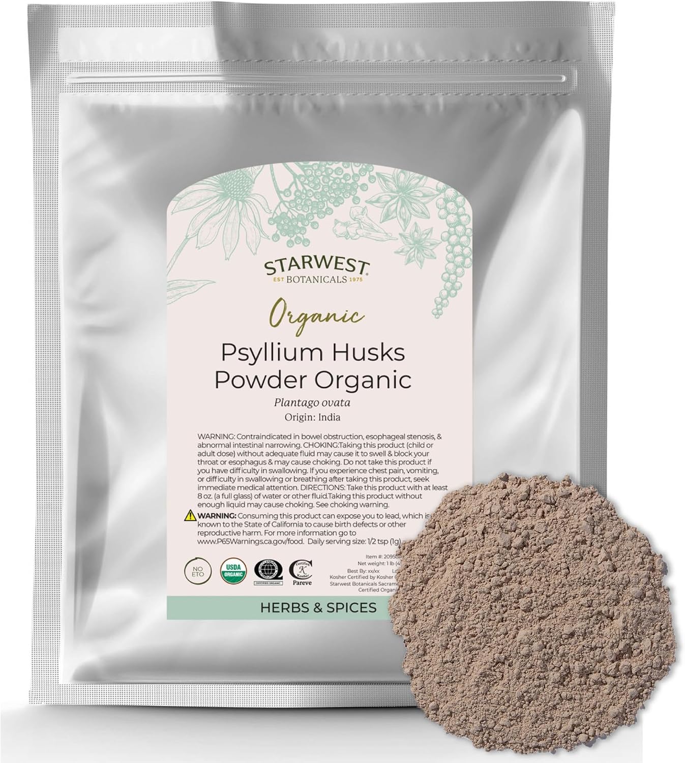 Starwest Botanicals Psyllium Husks Powder Organic, Non GMO - Bulk 1 lb Bag | Ground Natural Psyllium Fiber Powder, Use for Baking, Smoothies