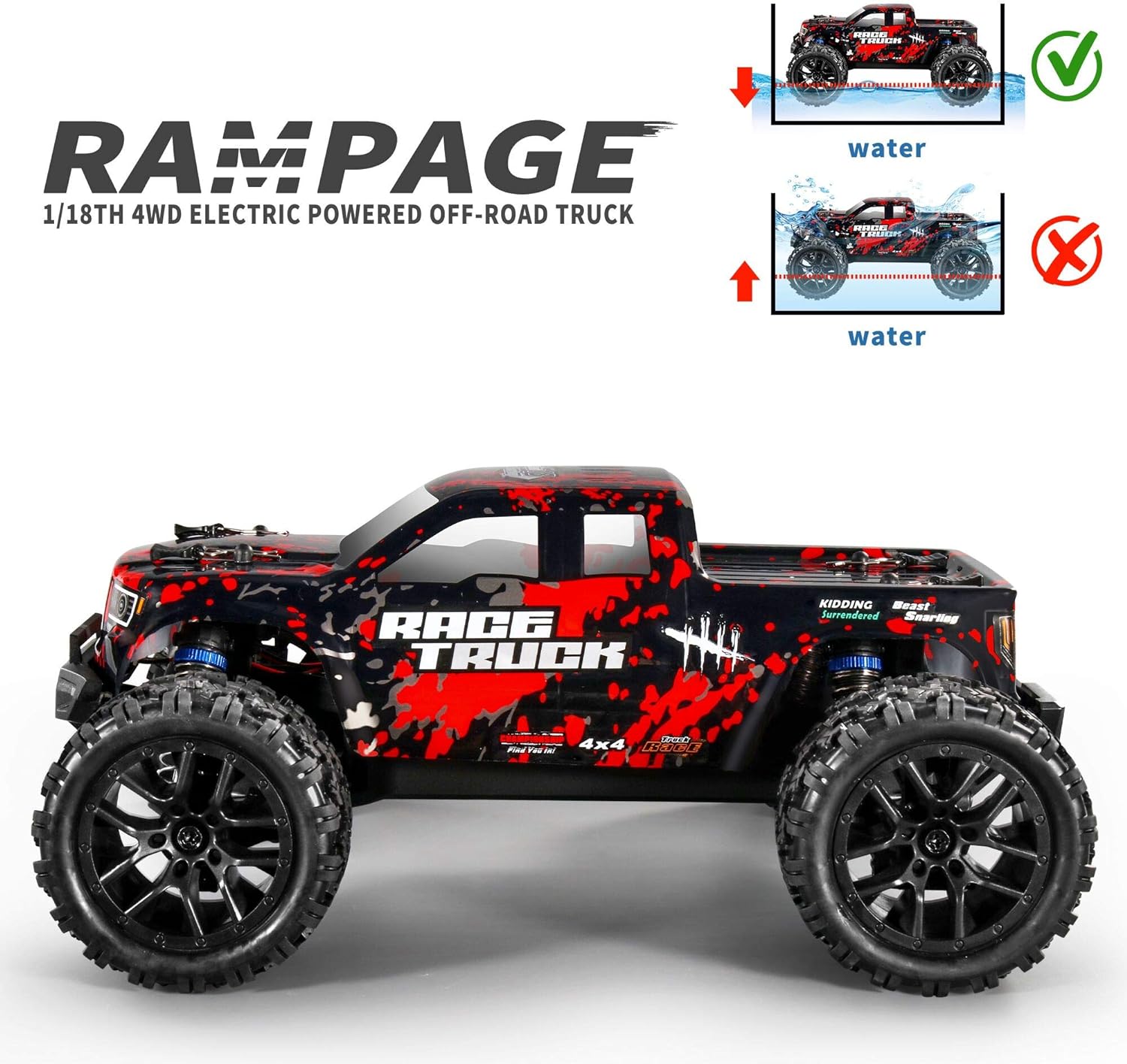 HAIBOXING 1/18 4WD RC Truck 36KM/H Waterproof 2 Batteries 2.4G Remote Car | All-Terrain RC Truck, Independent Suspension, Splash-Proof Electronics
