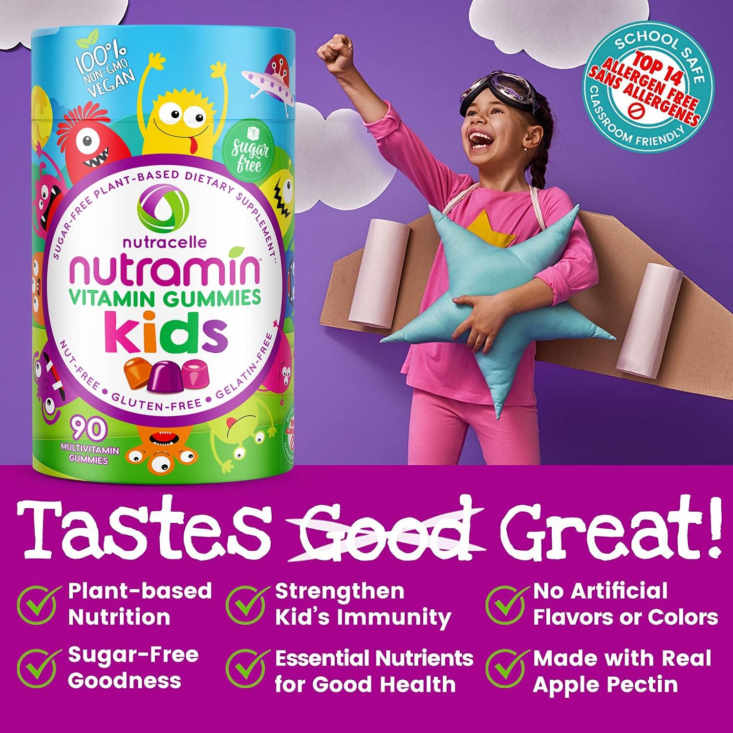 NUTRAMIN Sugar-Free Gummy Multivitamins for Kids, Allergen-Free, 90 Count