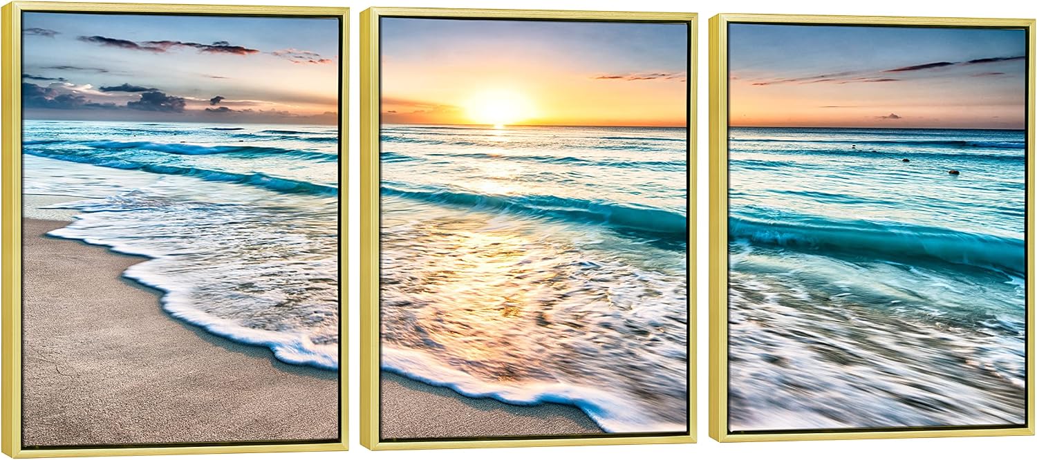 Wieco Art 3 Panel Blue Beach Canvas Wall Art for Home Decor Sunset White Wave Beach Pictures on Canvas Sea View Canvas Prints Artwork for Wall Decor