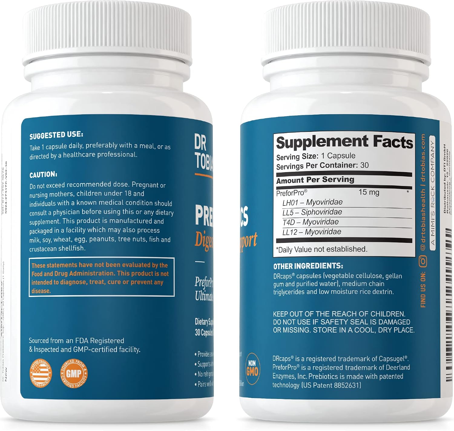 Dr. Tobias Prebiotics, Supports Digestion & Gut Health, Feed Good Probiotic Bacteria, Boost Gut Immune Function, Vegan & Non-GMO Gut Health Supplements for Men and Women, 30 Capsules, 30 Servings