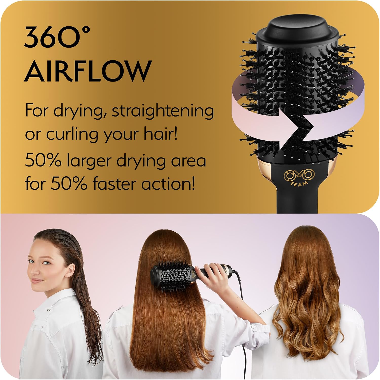 Professional Blowout Hair Dryer Brush, Black Gold Dryer and Volumizer, Hot Air Brush for Women, 75MM Oval Shape (Black Gold)