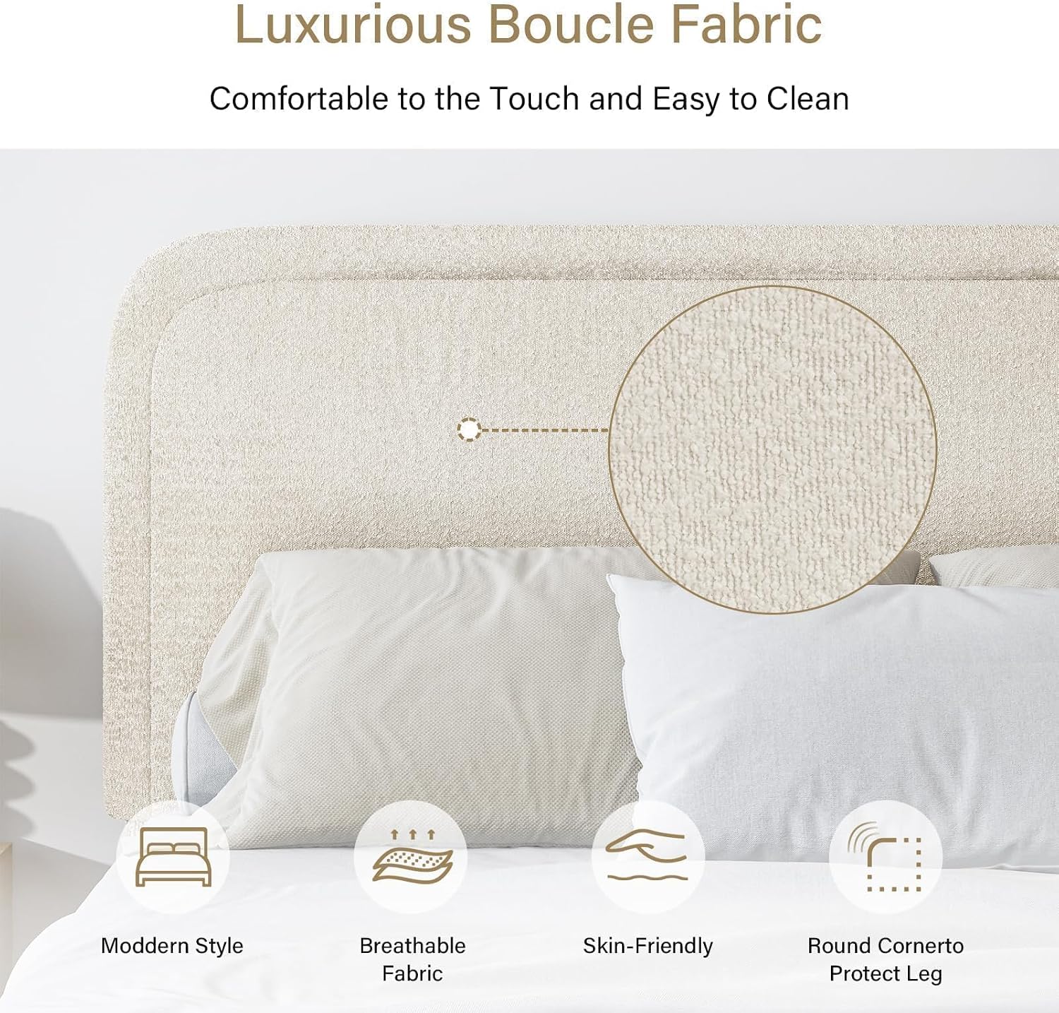 BarnFurin Full Bed Frame, Cloud Boucle Headboard, Rounded Corners, White | Soft boucle and rounded edges create a low-profile cloud look. Wooden slats support the mattress without a box spring