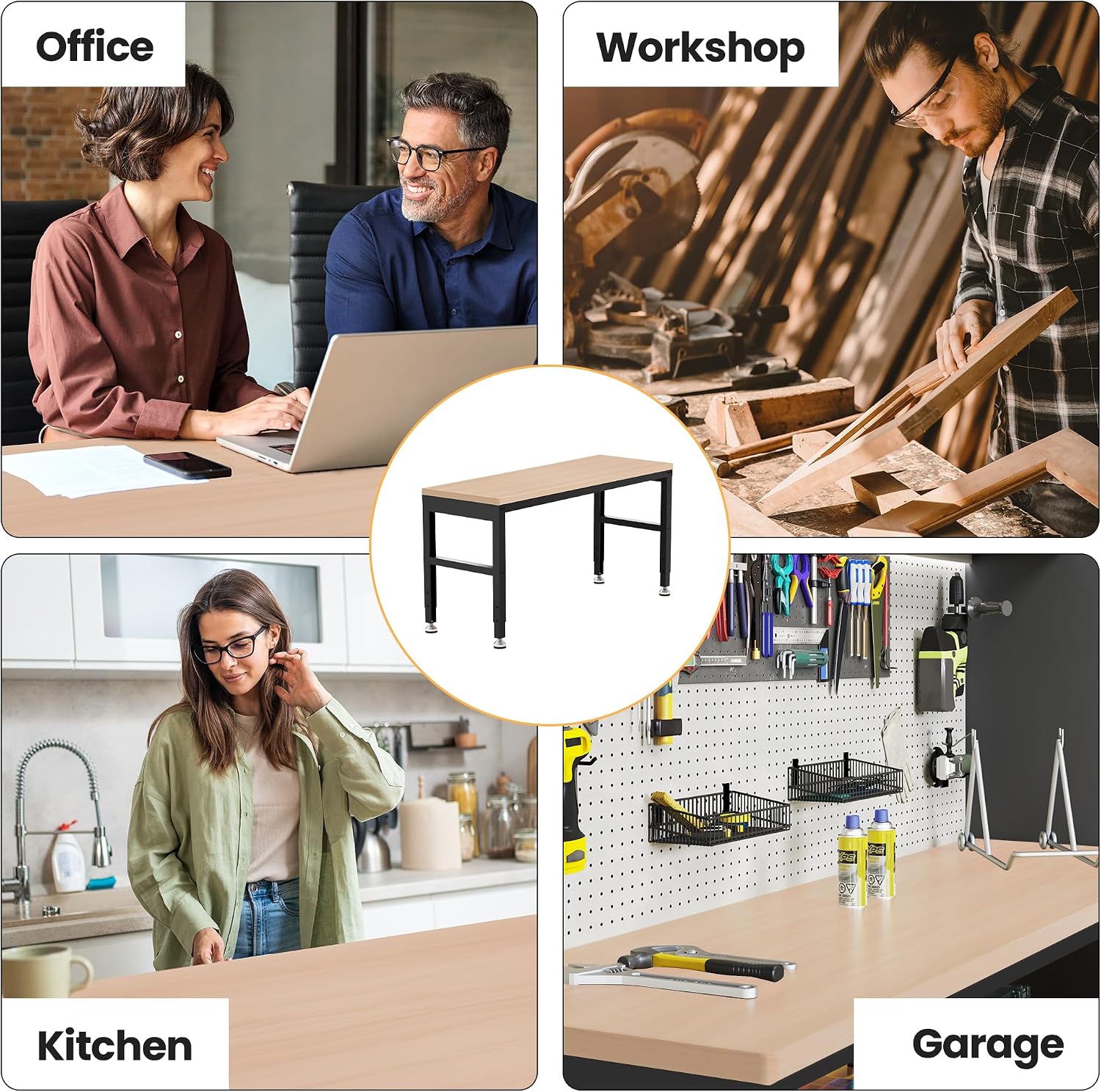 Antifir 60" Adjustable Workbench, Heavy Duty Wood Workstation | Garage Workbench, 2000 LBS Load Capacity, Work Table with Power Outlet and Foot Pads for Commercial, Workshop, Office, Home