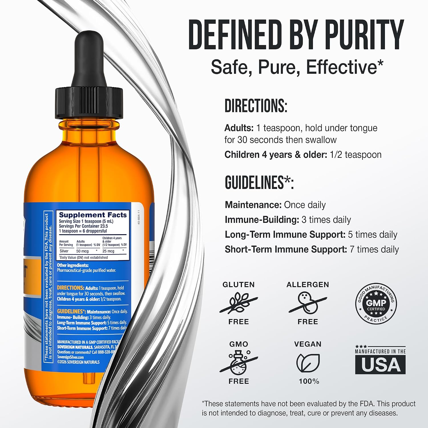 Sovereign Silver Immune Support, Colloidal Silver, 4 fl oz (118 mL) | Bio-Active Silver Hydrosol, 10 ppm, Liquid Dropper