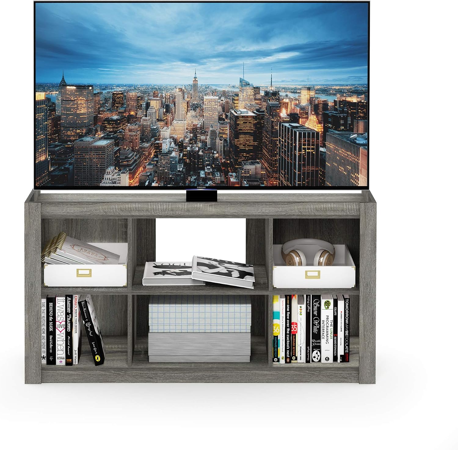 Furinno Fowler Multipurpose TV Stand Bookshelves, French Oak Grey