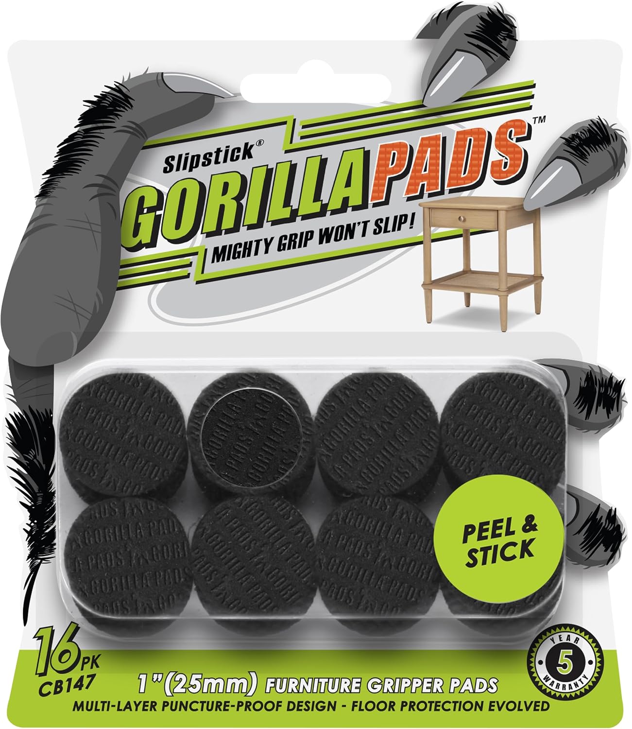 Slipstick GorillaPads CB149 Non-Slip Furniture Pads/Rubber Grippers (Set of 8) Self-Adhesive Furniture Feet Floor Protectors, 1-1/2 inch Round, Black