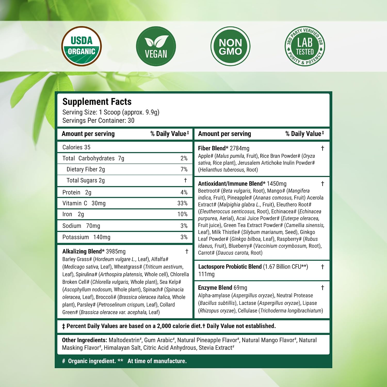 Nested Naturals Super Greens Daily Superfood Powder - Certified USDA Organic Green Powder w/20+ Whole Foods, Spirulina Powder,Wheat & Barley Grass - Probiotics, Fiber & Enzymes - Original Flavour, 30