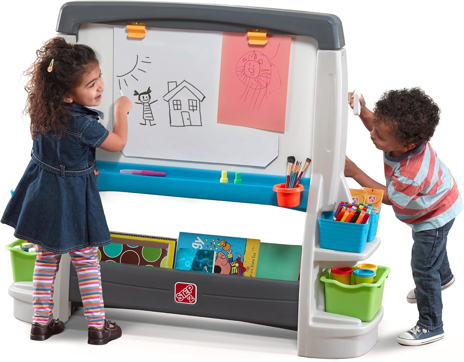 Step2 Jumbo Art Easel, Kids Art Activity Table, Double-Sided Dry Erase and Chalkboard, Storage Bins and Trays