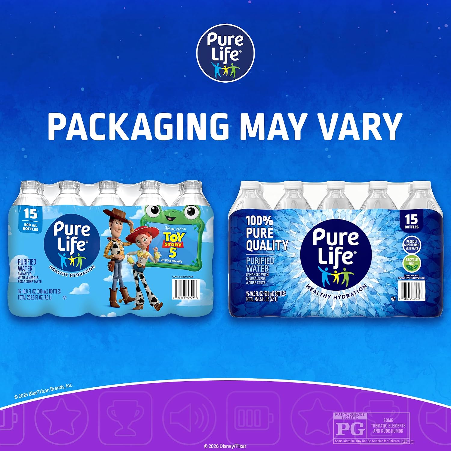 Pure Life Purified Bottled Water, 15 Pack - Still Drinking Water Enhanced with Minerals for a Crisp Taste - 16.9 Fl Oz - Toy Story 5 Packaging Graphics
