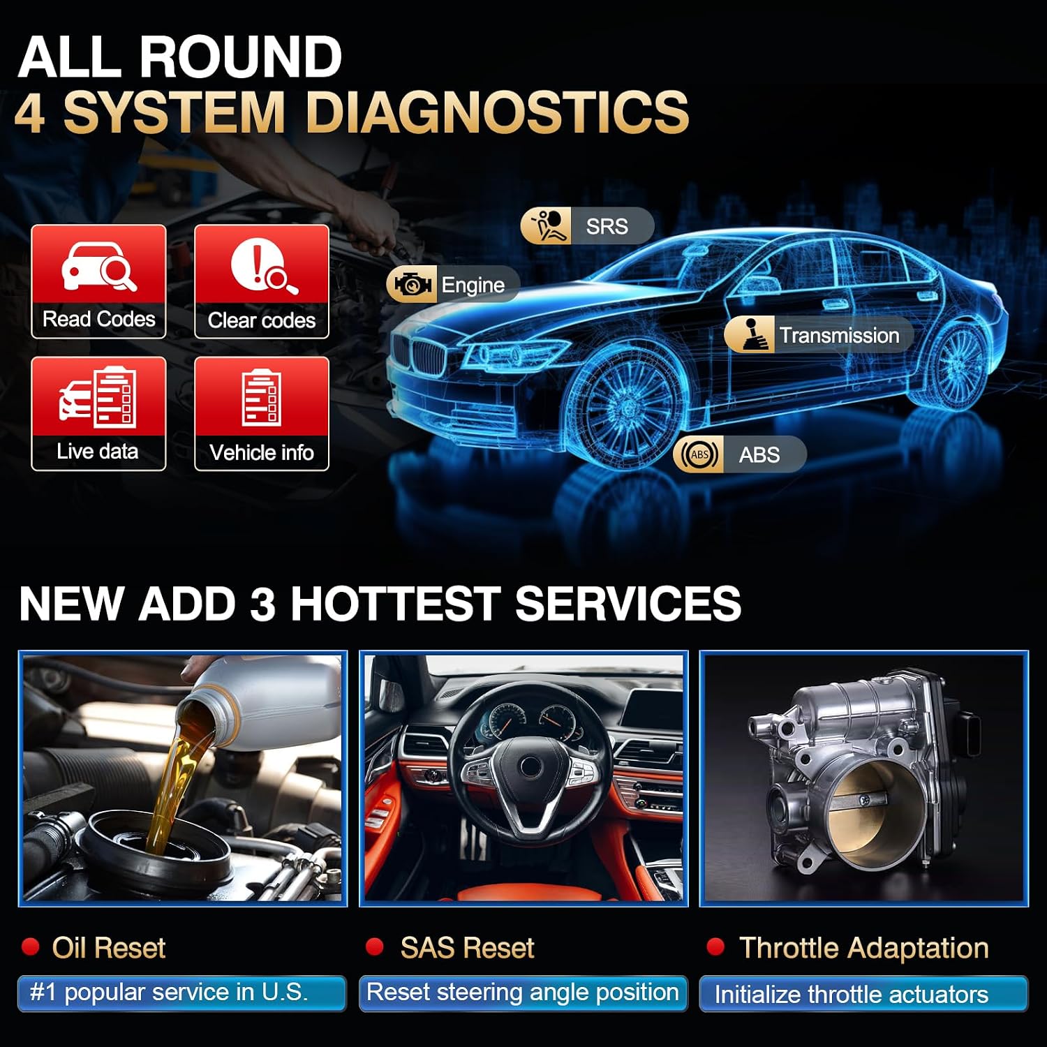 LAUNCH CRP123 V3.0 Elite OBD2 Scanner, Engine ABS SRS Transmission, 3 Resets | Oil Service/Throttle Relearn/SAS Reset