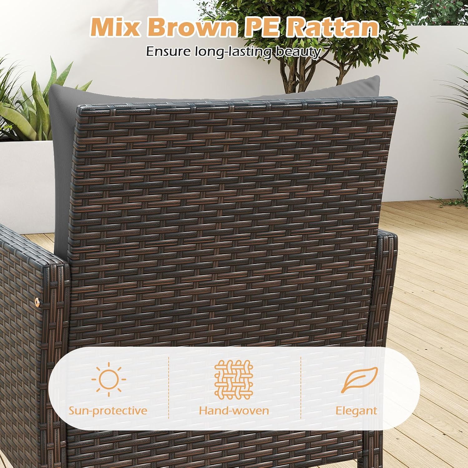 Tangkula 3 Piece Outdoor Patio Furniture Set, Wicker Chairs Set with Glass Top Coffee Table, Thick Cushions