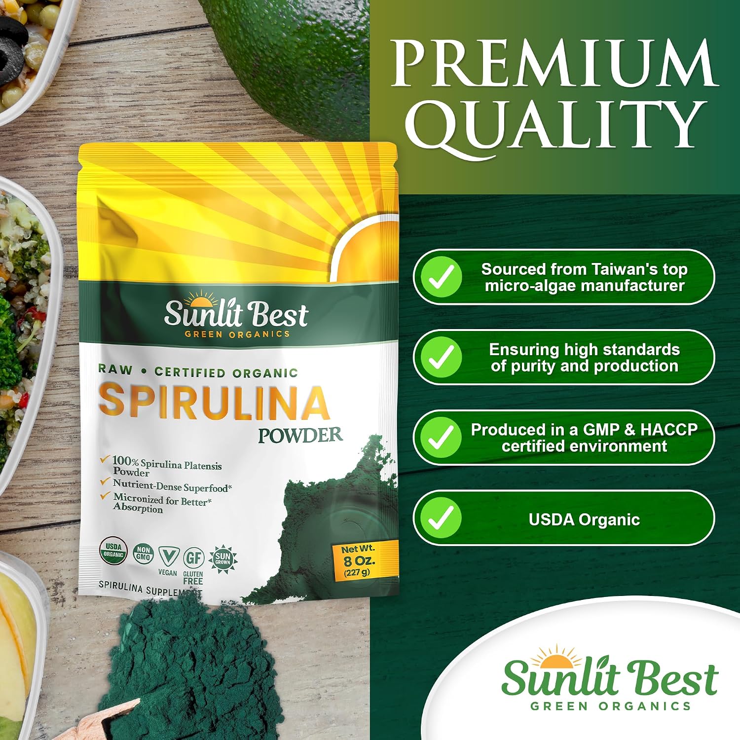 Sunlit Best Organic Spirulina Tablets, Pure Natural Superfood Pills 1000 CT | USDA Certified, 60% Vegan Protein, 18 Amino Acids, Chlorophyll Antioxidants Enzymes, Non GMO, Immune Liver & Energy Support
