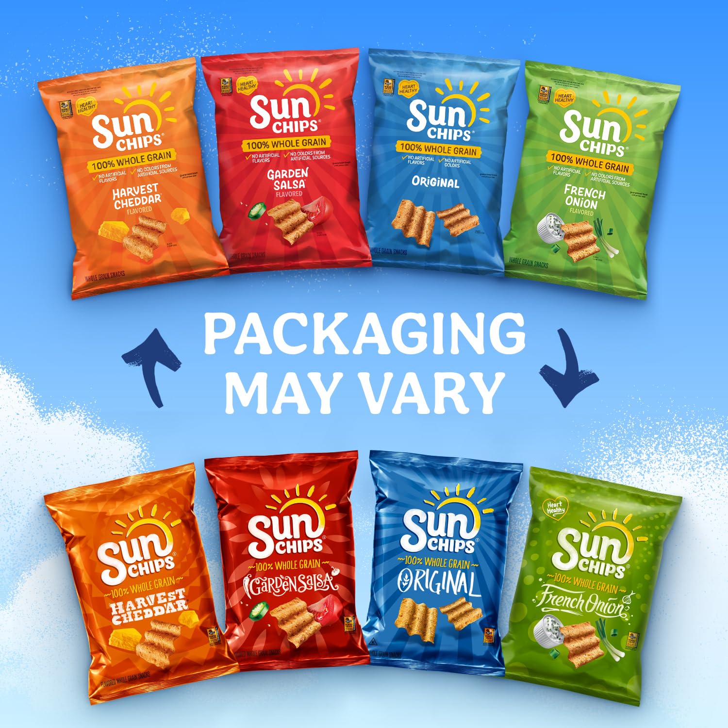 SunChips 100% Whole Grain Chips, Harvest Cheddar, 1 oz Bags, Pack of 104, No Artificial Flavors, No Colors from Artificial Sources