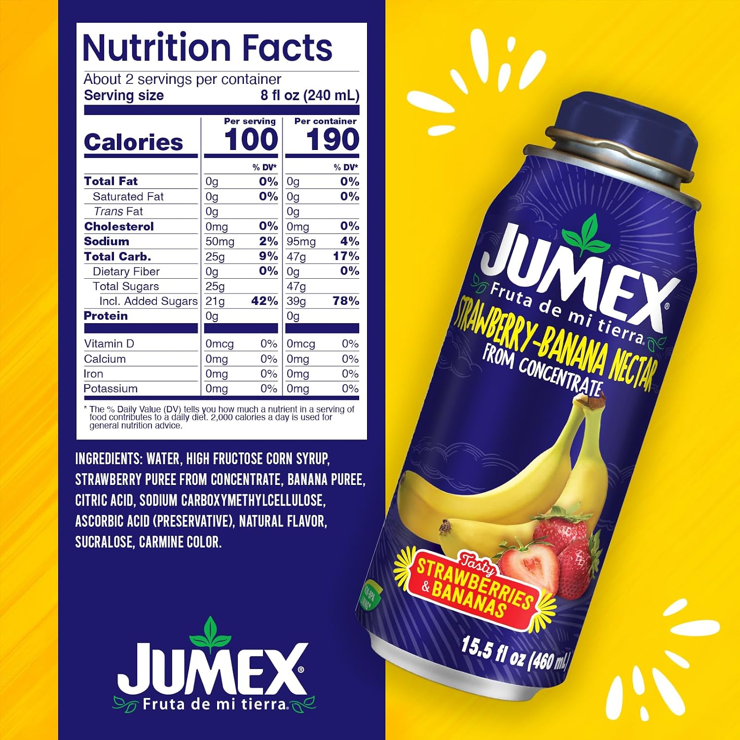 Jumex Mango Nectar Lata Botella - Made with Fresh Fruit Puree - Mango Juice Concentrate for Tropical Fruit Smoothie Mix, Cocktail Mixers & Kids Beverages - 15.5oz, 12 Pack Resealable Juice Bottles