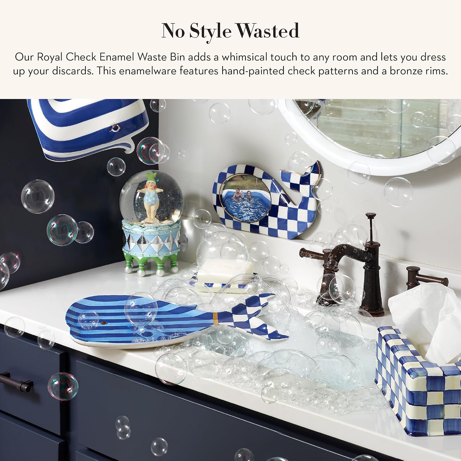 MACKENZIE-CHILDS Waste Bin, Black-and-White Courtly Check | Hand-painted design, made from enameled steel, decorative bedroom or bathroom trash can, 8" dia. x 9.5" H