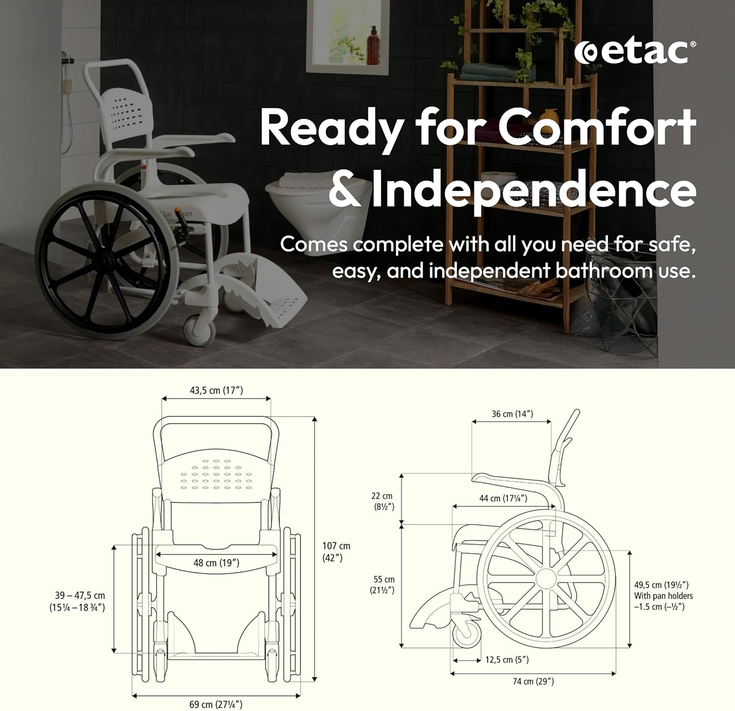 Etac Clean 24" Self-Propelled Shower Chair with Wheels - 21 3/4 Inch Fixed Height with 24 Inch Rear Wheels - Shower Wheelchair for Elderly and Disabled - Movable Armrest & Ergonomic Footrest