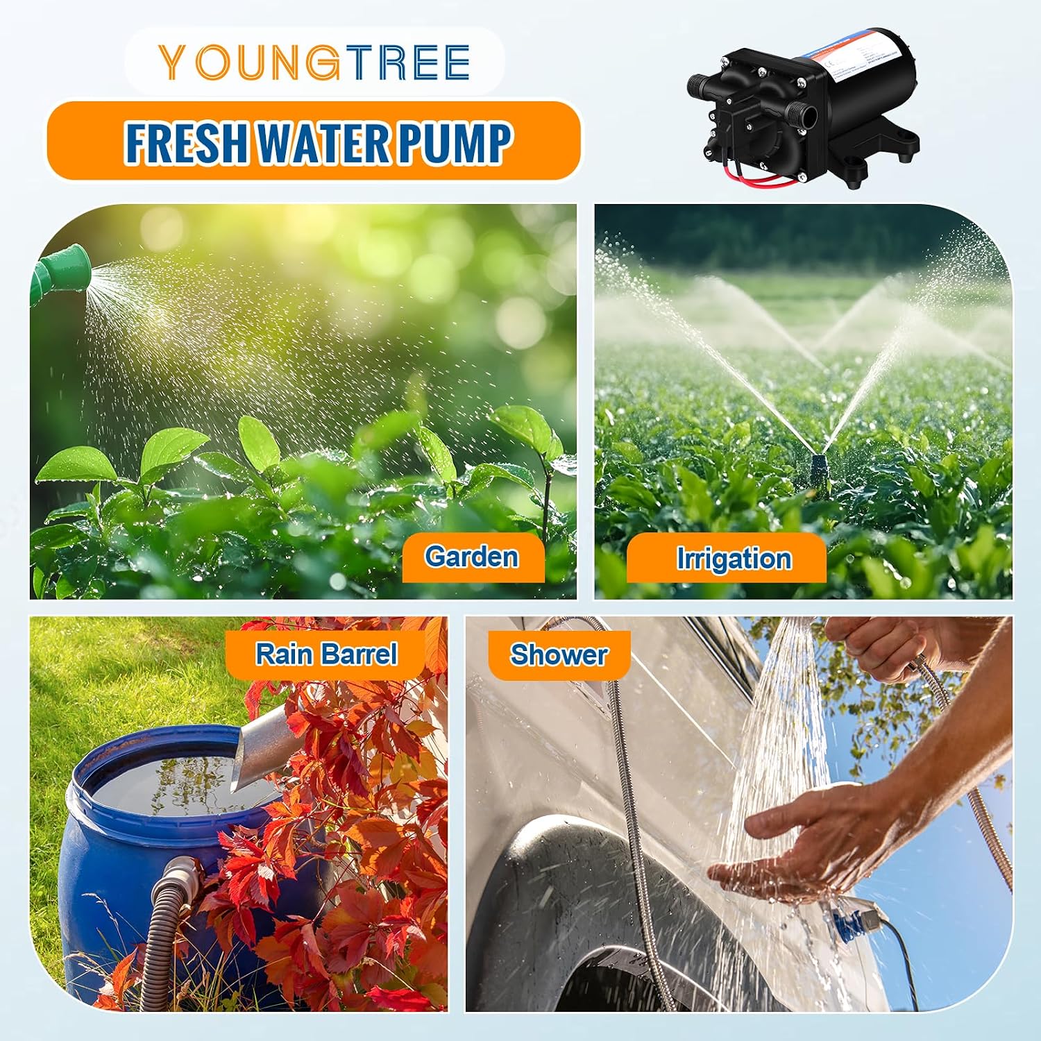 YOUNGTREE 55-Series 110V AC Fresh Water Diaphragm Pump 7GPM 70PSI 110volt 5-Chamber Water Pressure Washdown Pump On Demand with Pressure Switch for Irrigating, Home, Sprinkler, RV, Marine