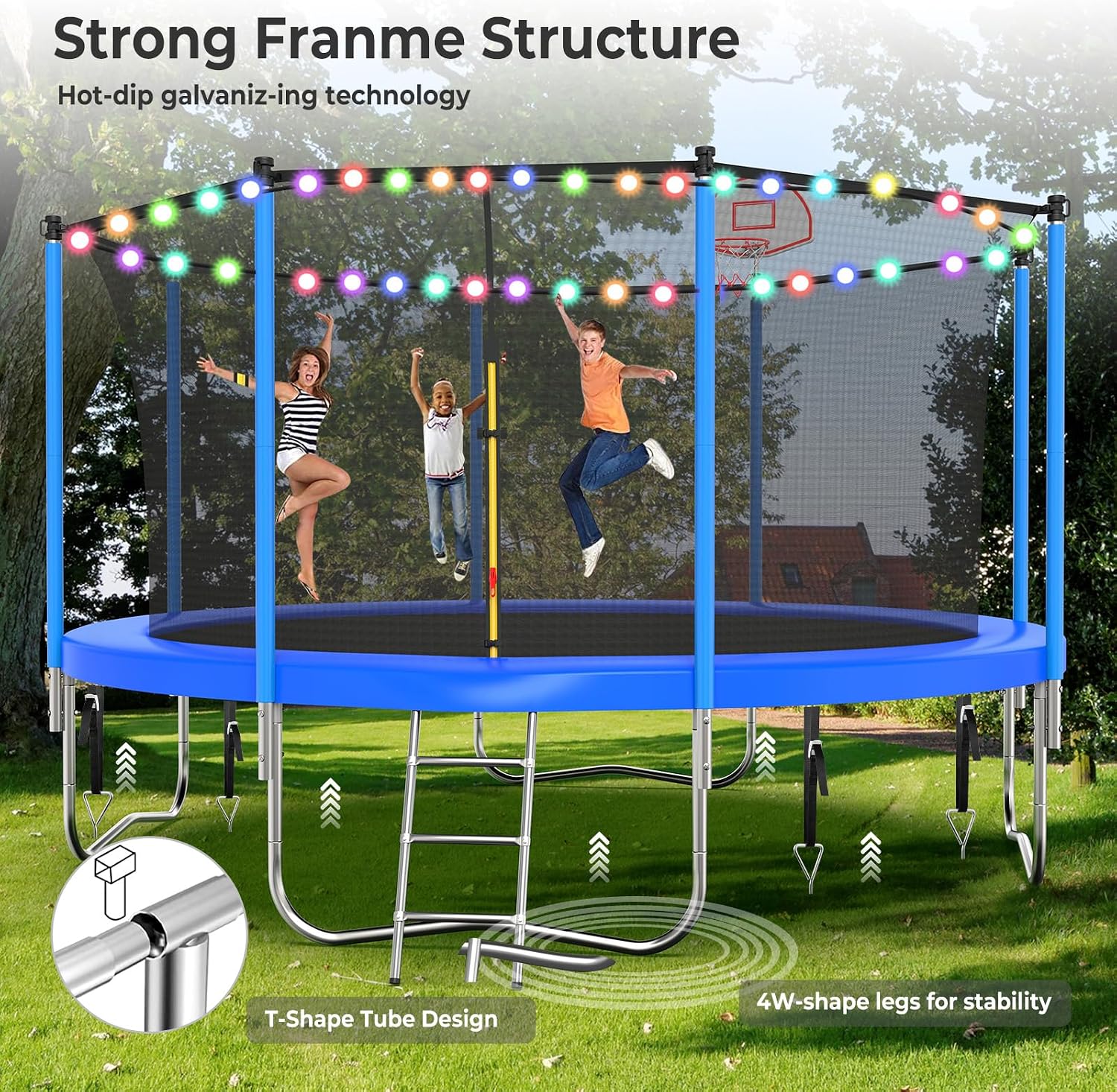 10 12 14 16FT Trampoline Outdoor, Light/Sprinkler/Basketball Hoop | Large Recreational Trampoline for Kids and Adults, Heavy Duty Yard Trampolines with Enclosure Net, ASTM Approval