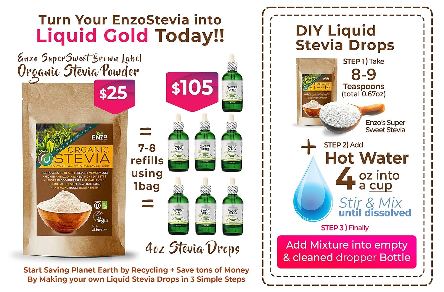 Enzo Organic Stevia Powder 125g (4.4oz / 3125-Servings) - Premium USDA Certified All Natural Alternative-Sweetener 320x Sugar Free Non-GMO 0