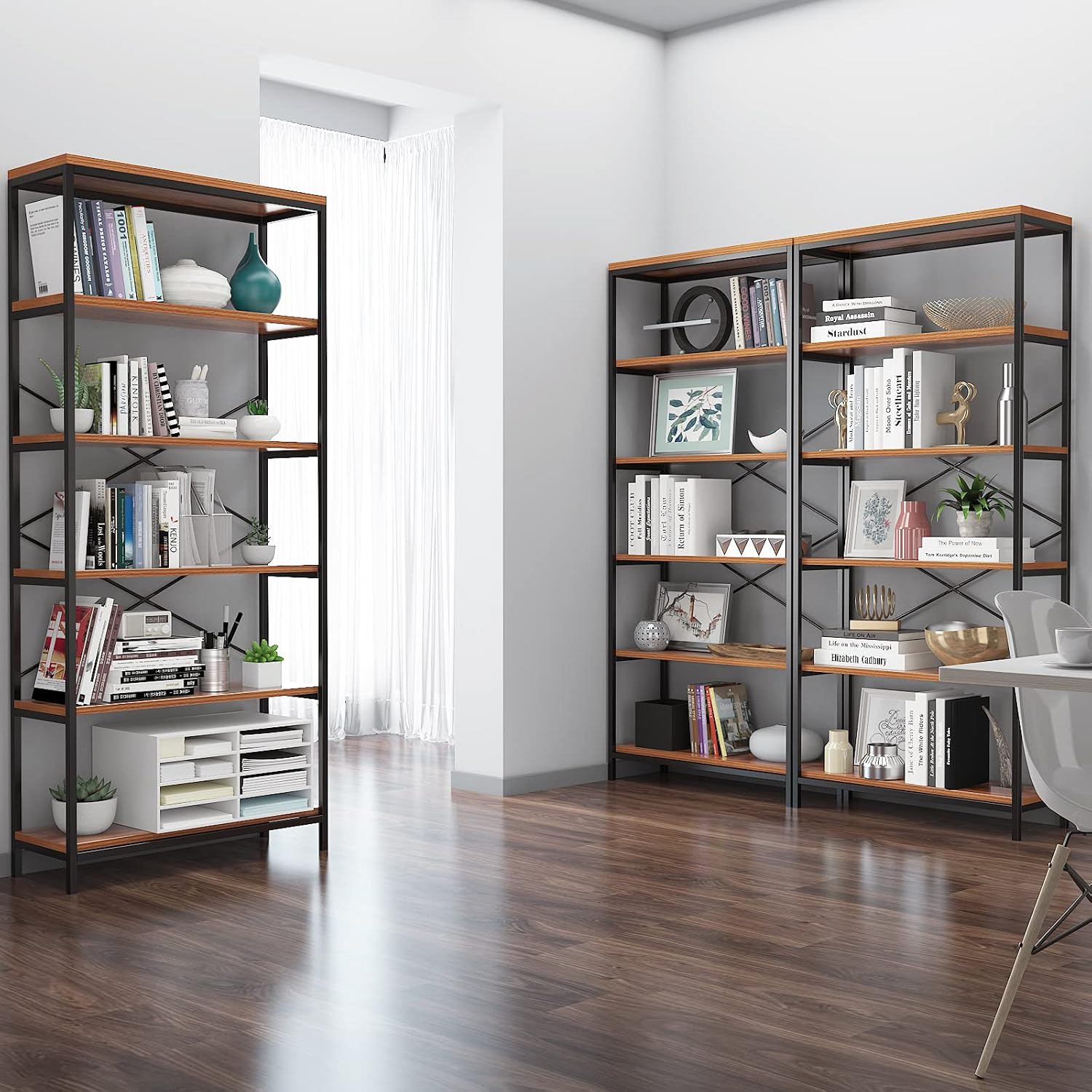 BATHWA Wood and Metal Minimalist 5 Tier Bookshelf, 6 feet Tall Open Rustic Wide Bookcase Industrial Style