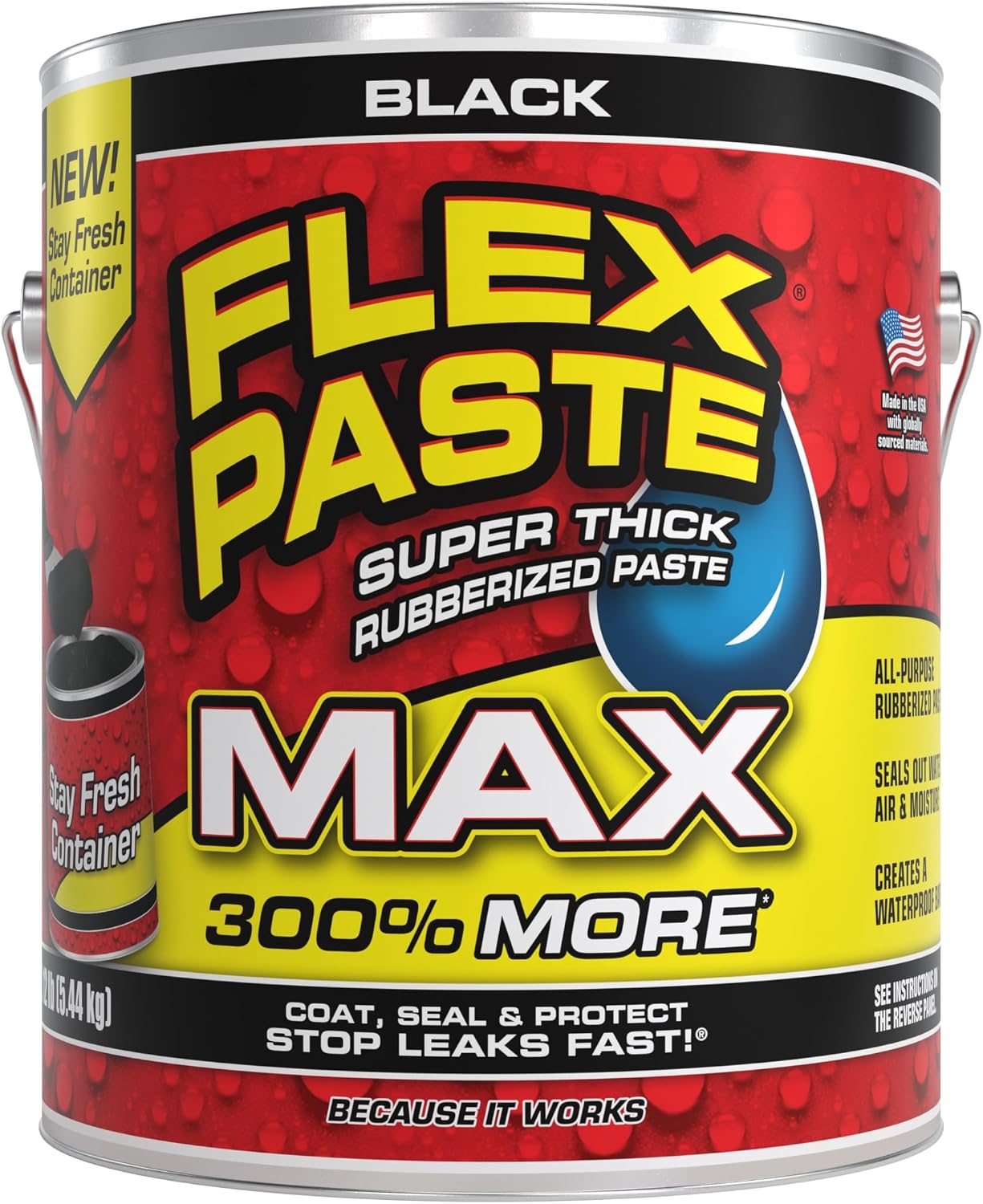 Flex Paste MAX, 12 lb Can, Black, Waterproof Paintable Putty, Spackle Sealant, Fill Gaps Cracks Holes - Block Out Water and Air - UV Resistant - Walls