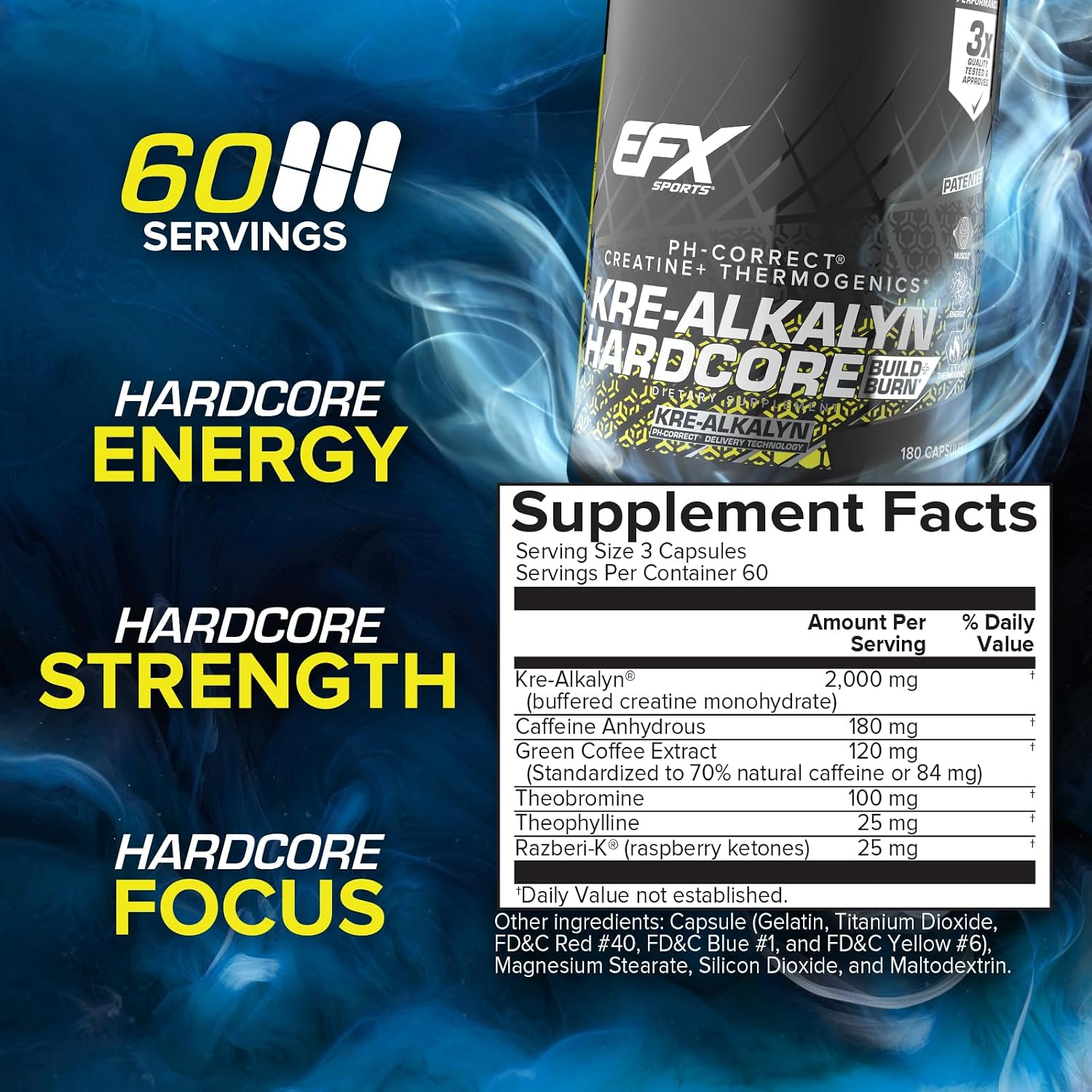 EFX Sports Kre-Alkalyn Hardcore | Thermogenic pH Correct Creatine Monohydrate Pill Supplement | Energy & Strength Pre Workout | 40 Servings, 120 Capsules