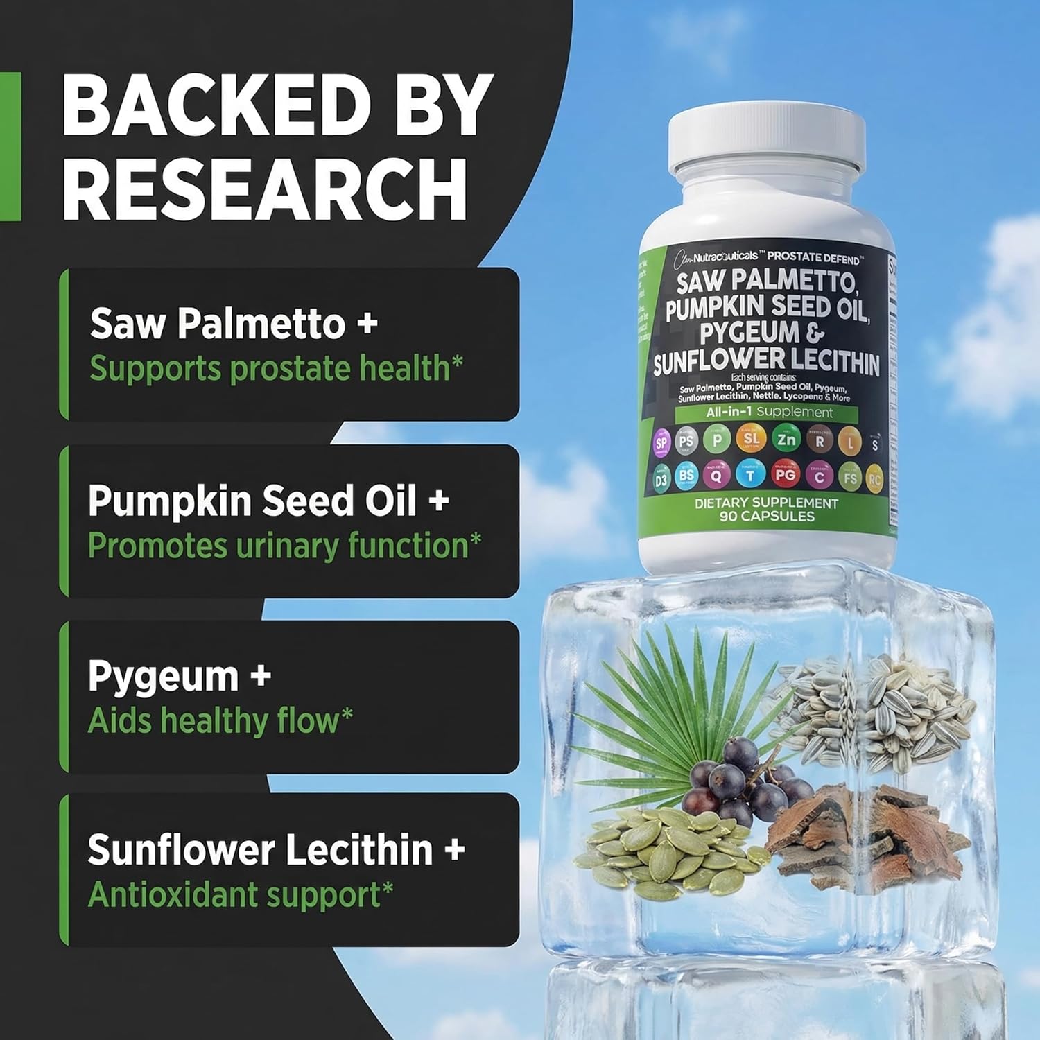 Clean Nutraceuticals Saw Palmetto Pumpkin Seed Oil Pygeum Sunflower Lecithin Stinging Nettle Cranberry - Prostate Supplements for Men with Lycopene