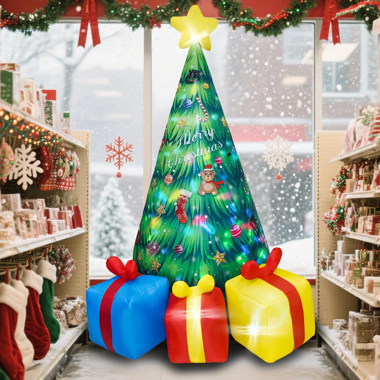 6.5FT H Animated Christmas Inflatable Tree with Santa Claus Chased by Dog Build-in LED Lights Funny Inflatable Dog Chasing Santa Claus,Blow Up Christmas Indoor Outdoor Decor
