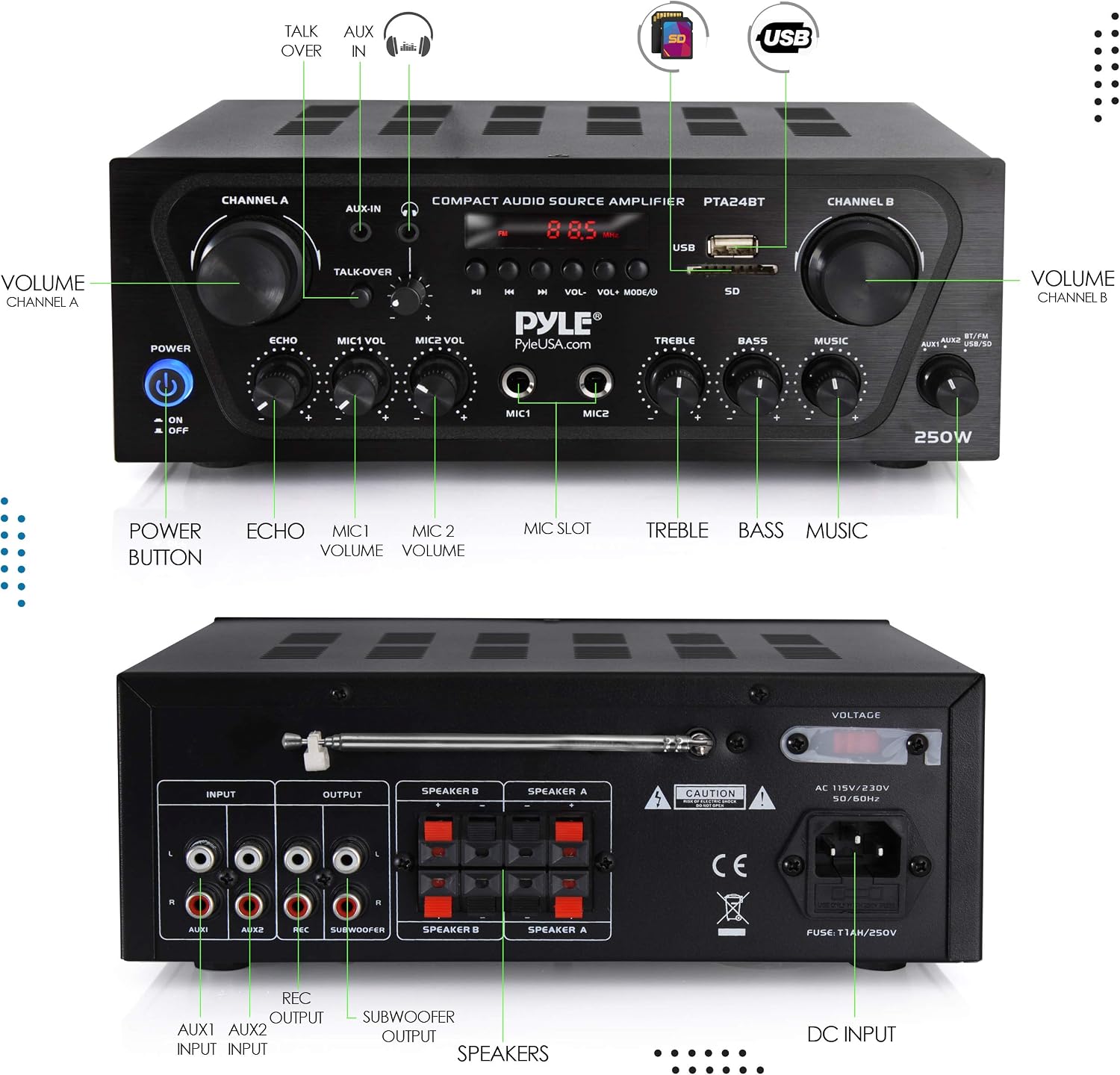 Pyle 2-Channel Bluetooth Home Stereo Amplifier - 250W Wireless Audio Receiver, Karaoke Optimized: Dual Mic In with Echo, Mic Talk-Over, FM Radio