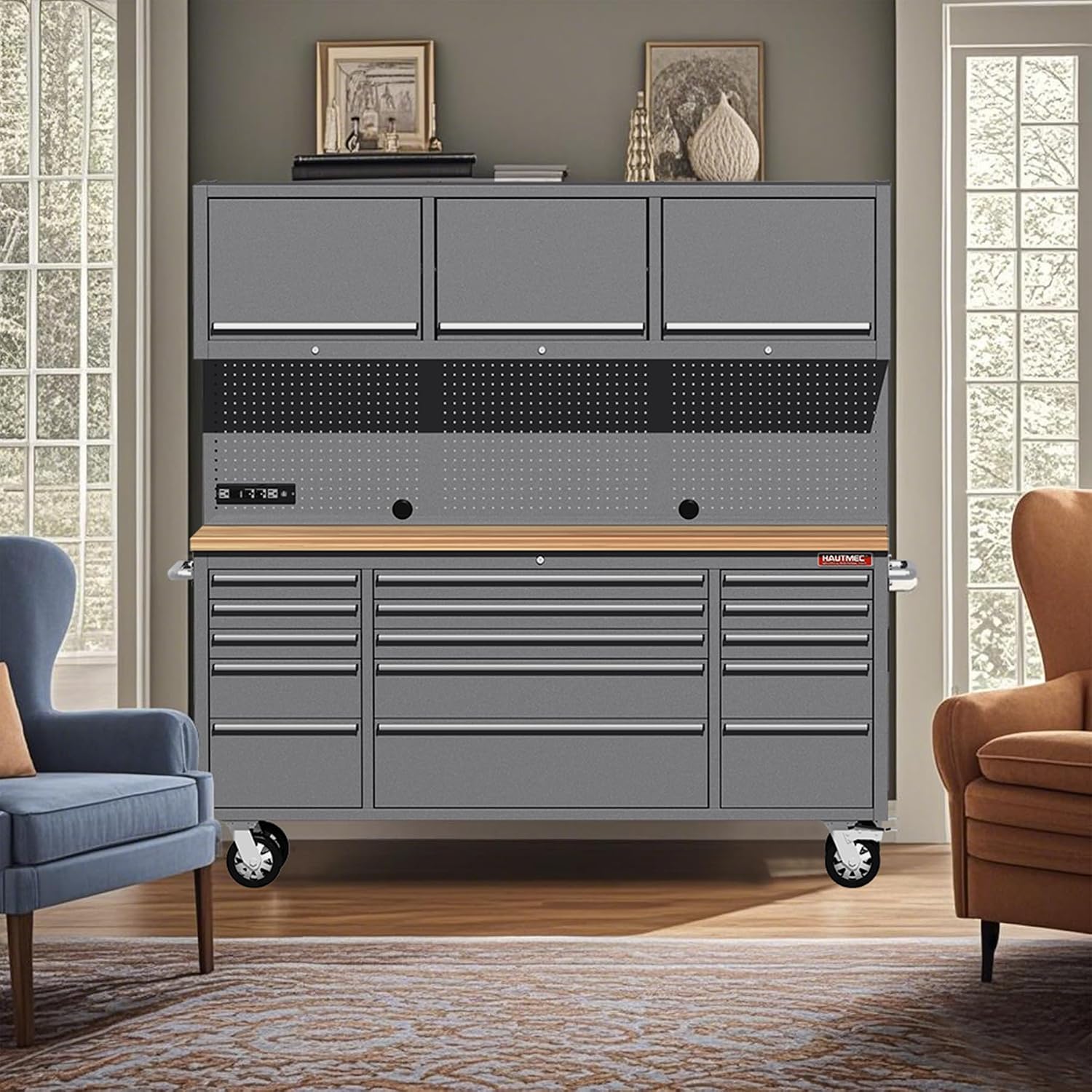 HAUTMEC 72" Rolling Tool Chest with 15 Lockable Drawers & 3 Upper Cabinets, Heavy-Duty 16-Gauge Steel Garage Workbench with Solid Oak Top