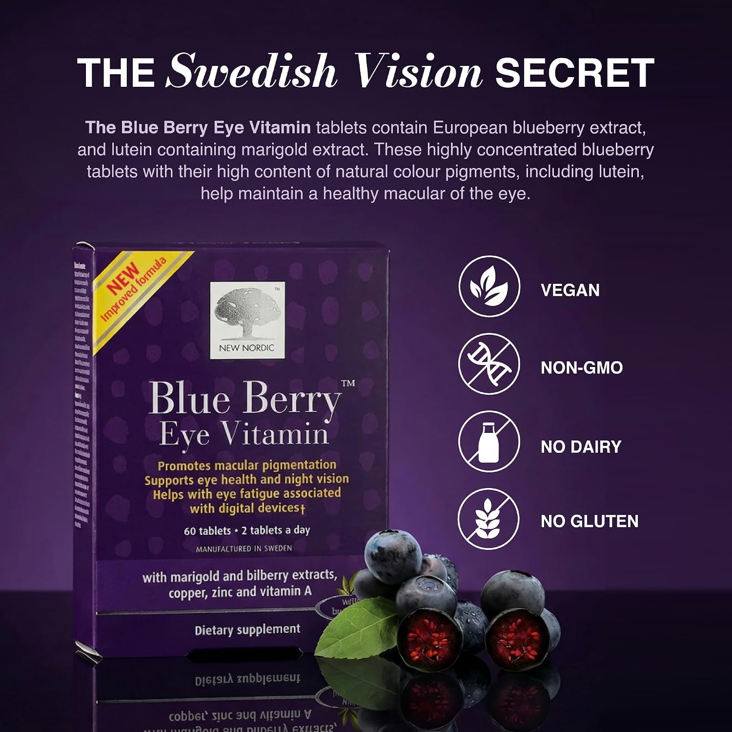 NEW NORDIC Blue Berry Eye Vitamin Supplement Daily Vision Support - 120 Ct. | Daily eye health supplements formulated with lutein and Swedish wild blueberries for simple integration into your routine