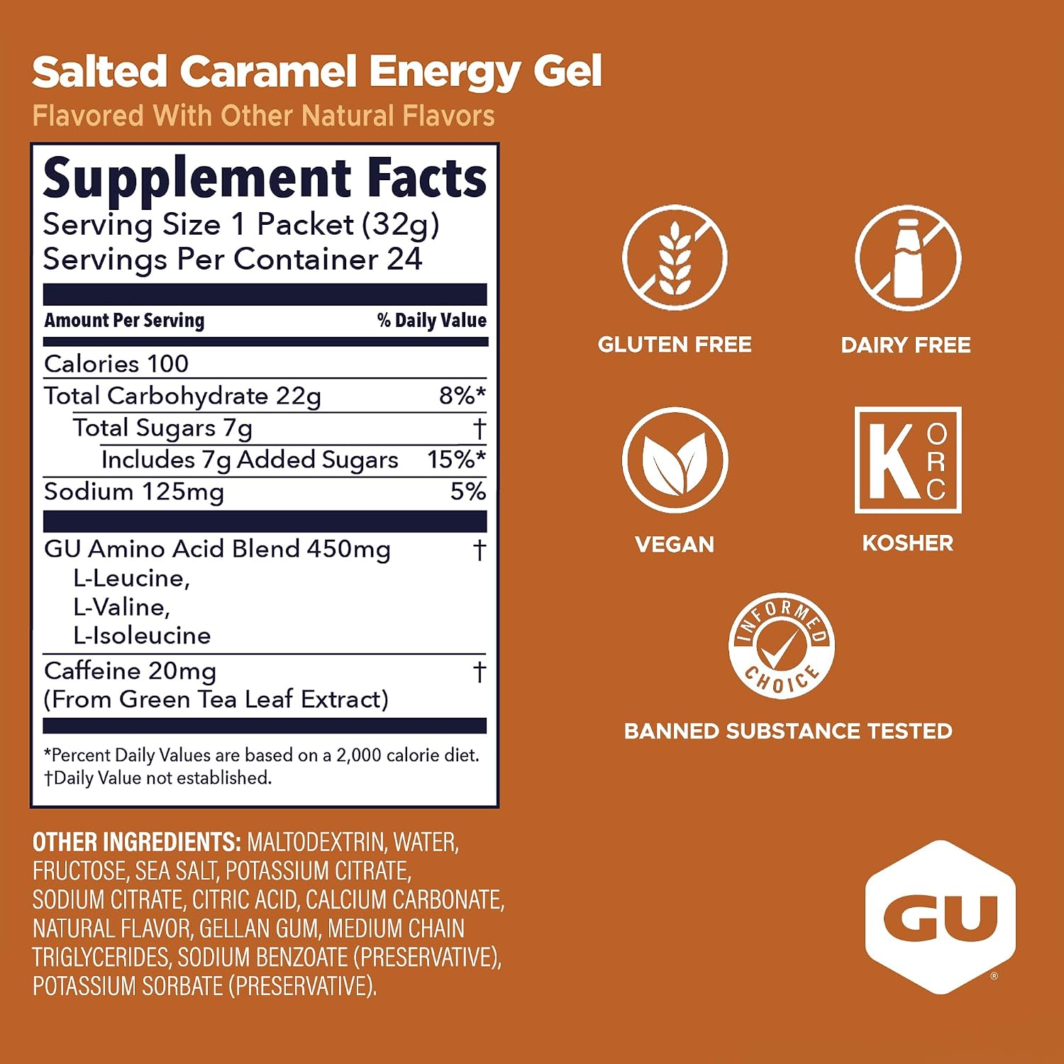 GU Energy Original Sports Nutrition Energy Gel, Vegan and Dairy-Free On-the-Go Energy for Any Workout, Vanilla Bean, 8-Count